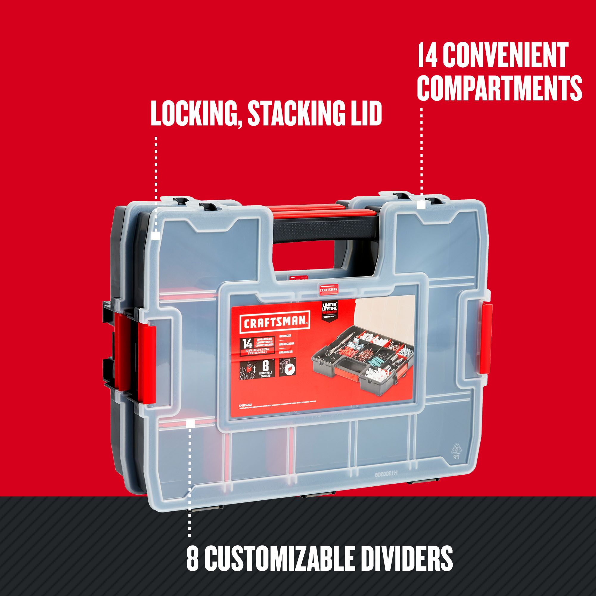 Organizador de piezas pequeñas de plástico mediano de 14 compartimentos en paquete de 2 de CRAFTSMAN CMST60944M