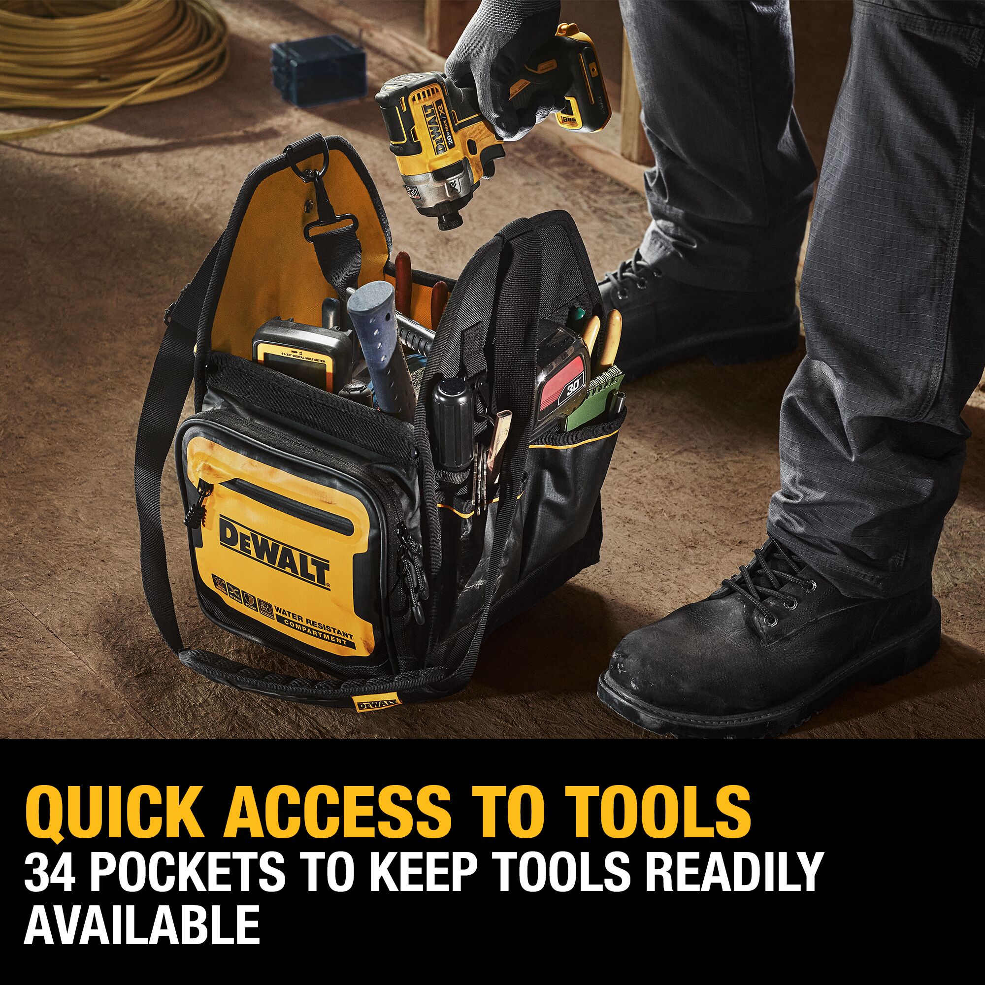 Bolsa de electricista con cierre DEWALT negro - amarillo de nailon balístico de 9.375 pulgadas de ancho x 16.125 pulgadas de profundidad x 11 pulgadas de largo DWST560105