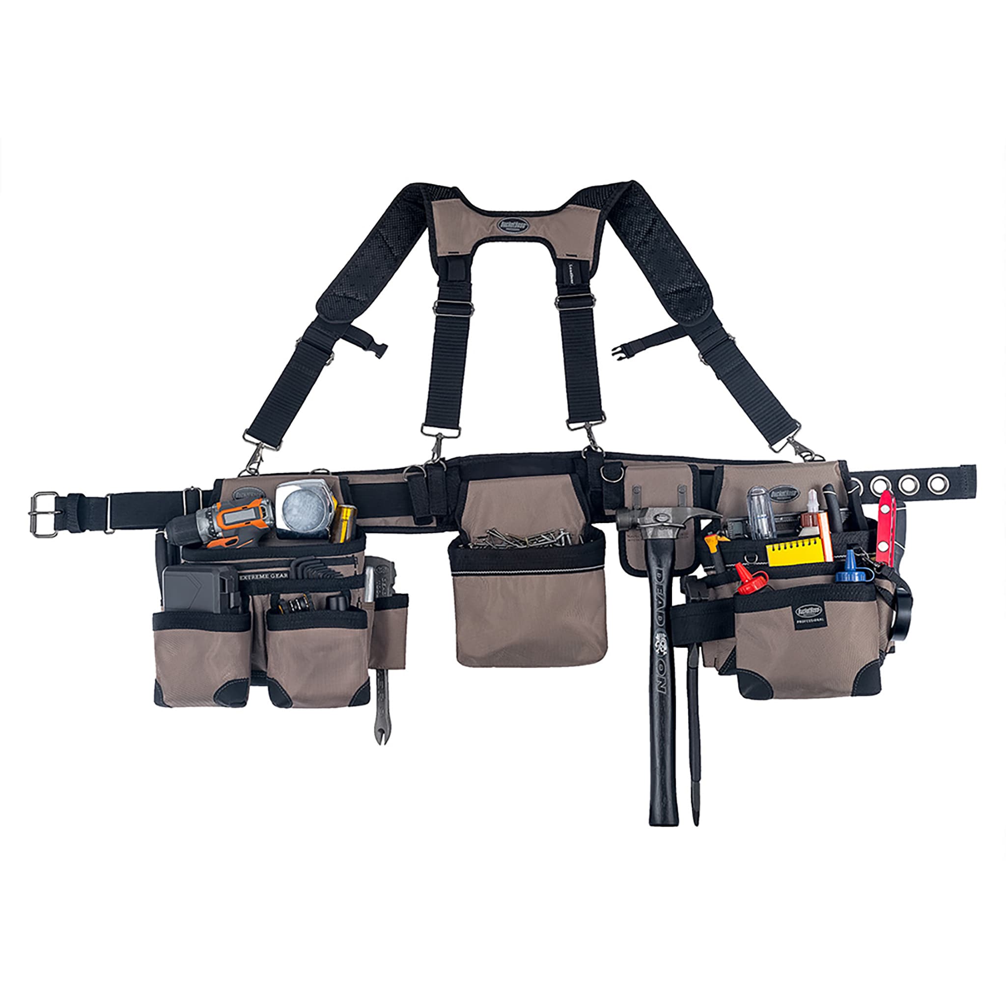 Cinturón de herramientas para constructores de tela en color crema y negro de Bucket Boss con suspensión de poliéster de 3 bolsas