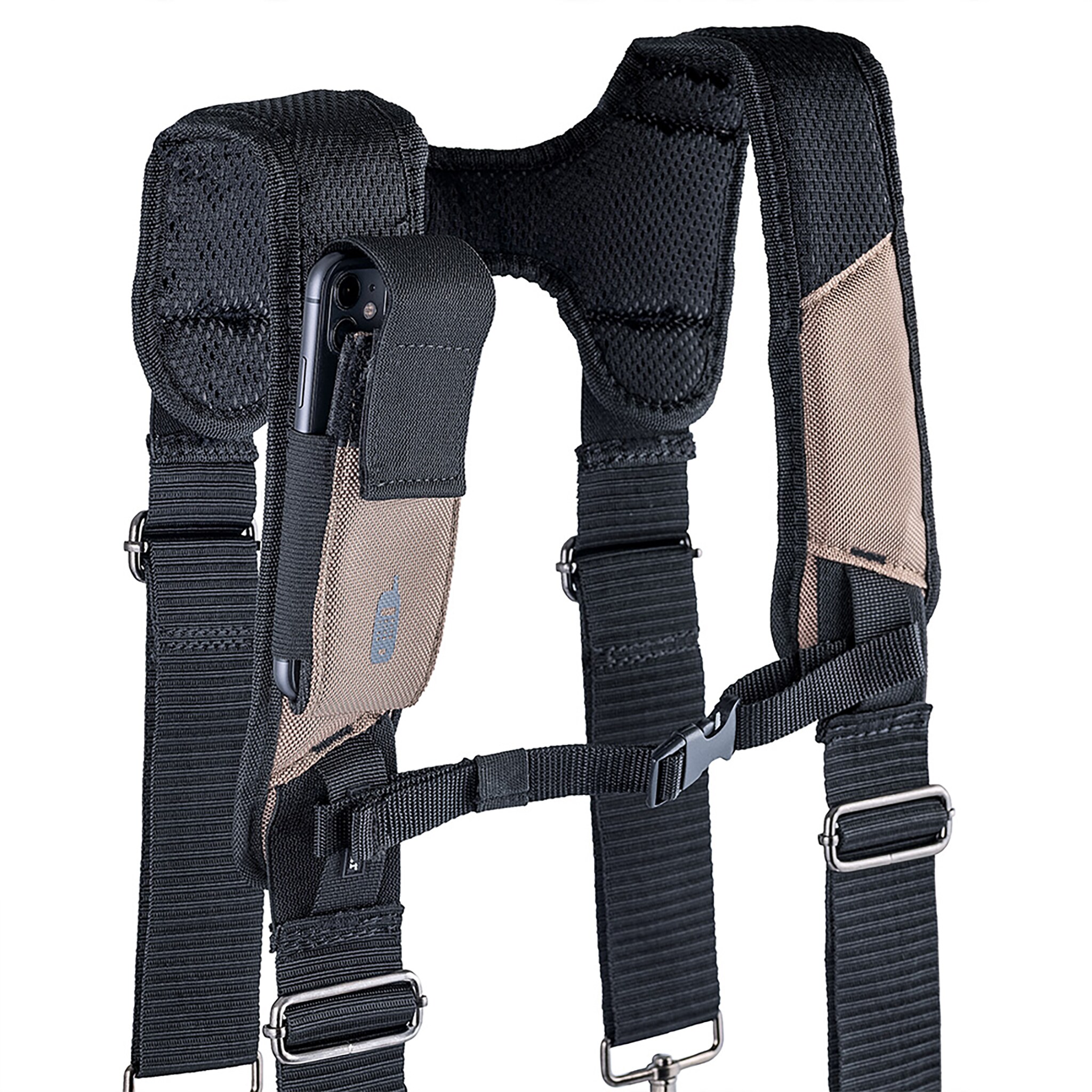 Cinturón de herramientas para constructores de tela en color crema y negro de Bucket Boss con suspensión de poliéster de 3 bolsas