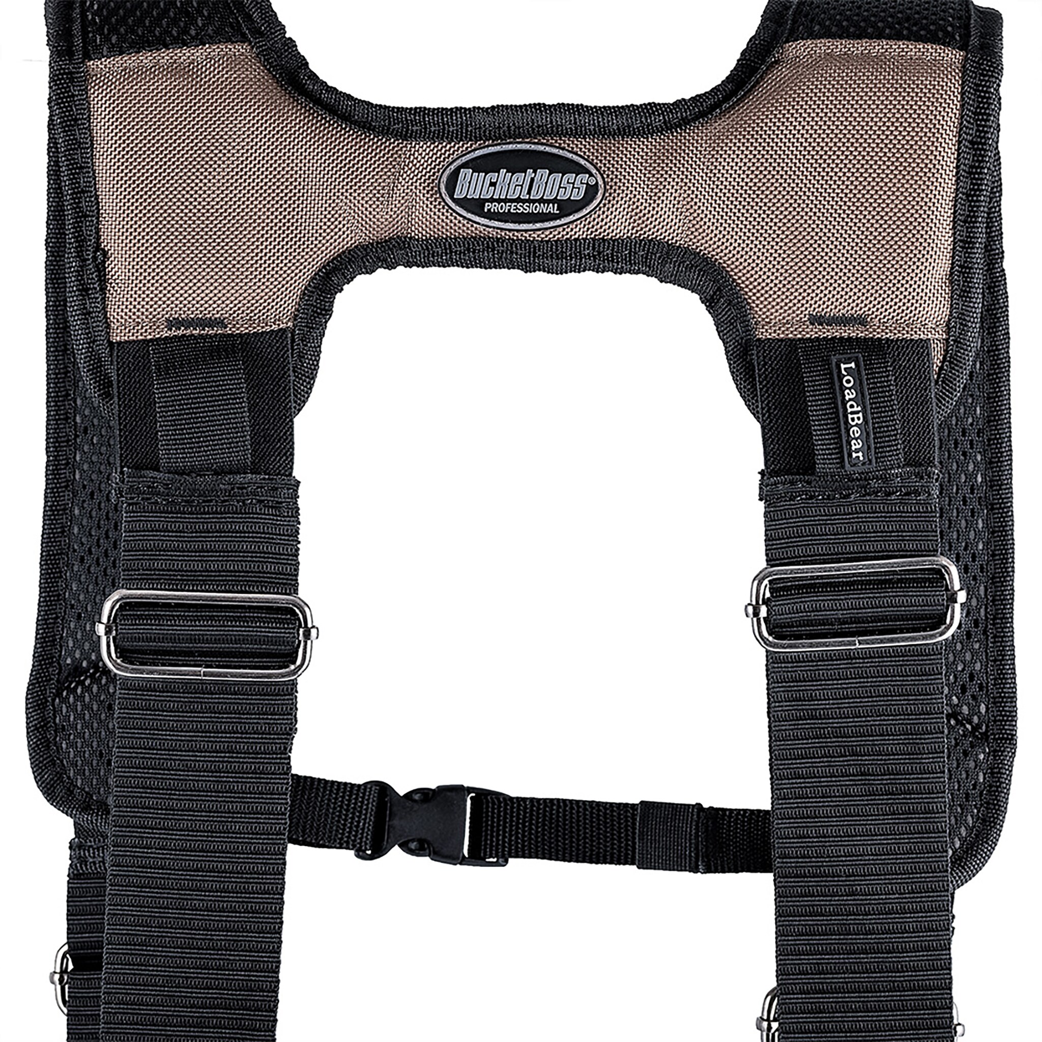 Cinturón de herramientas para constructores de tela en color crema y negro de Bucket Boss con suspensión de poliéster de 3 bolsas