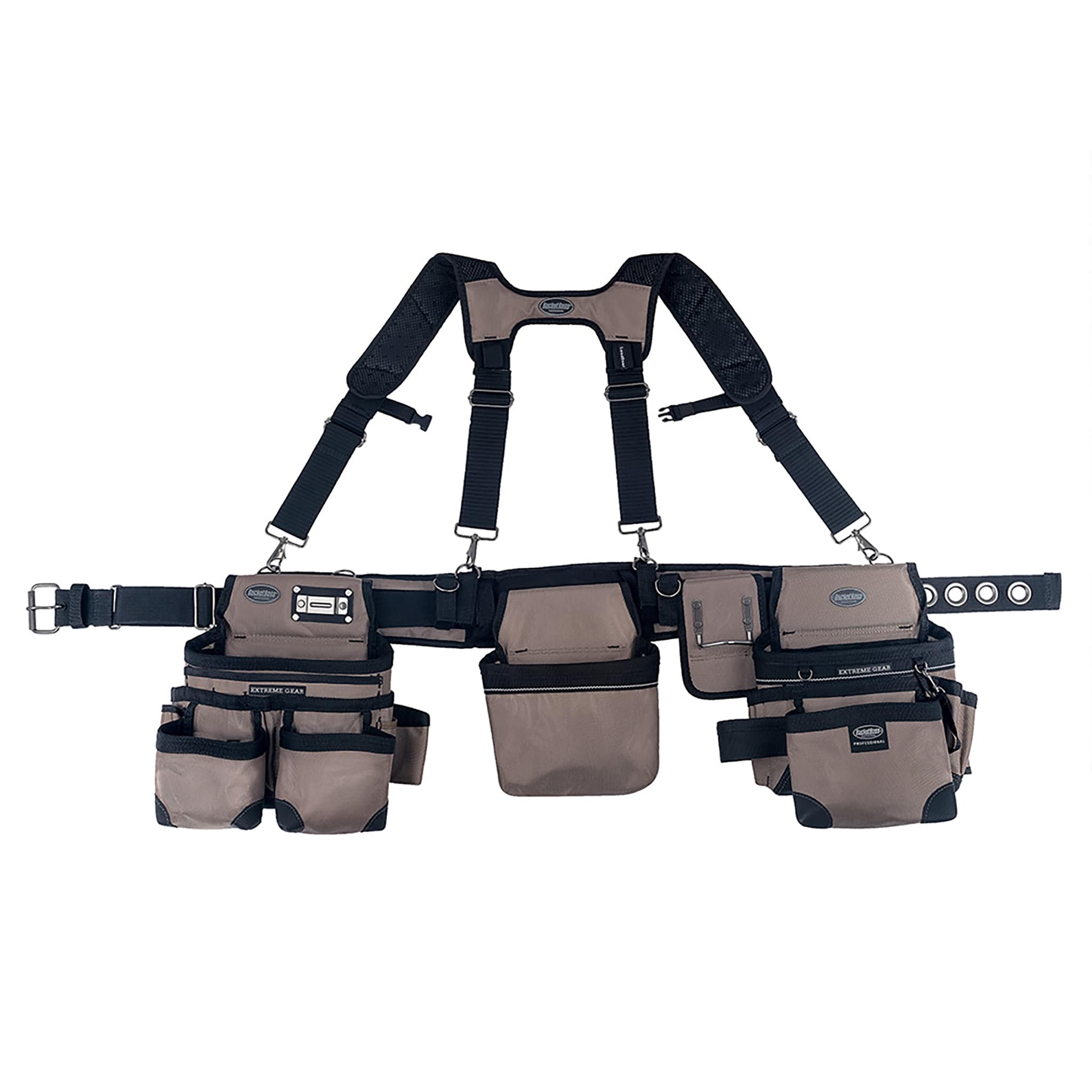 Cinturón de herramientas para constructores de tela en color crema y negro de Bucket Boss con suspensión de poliéster de 3 bolsas