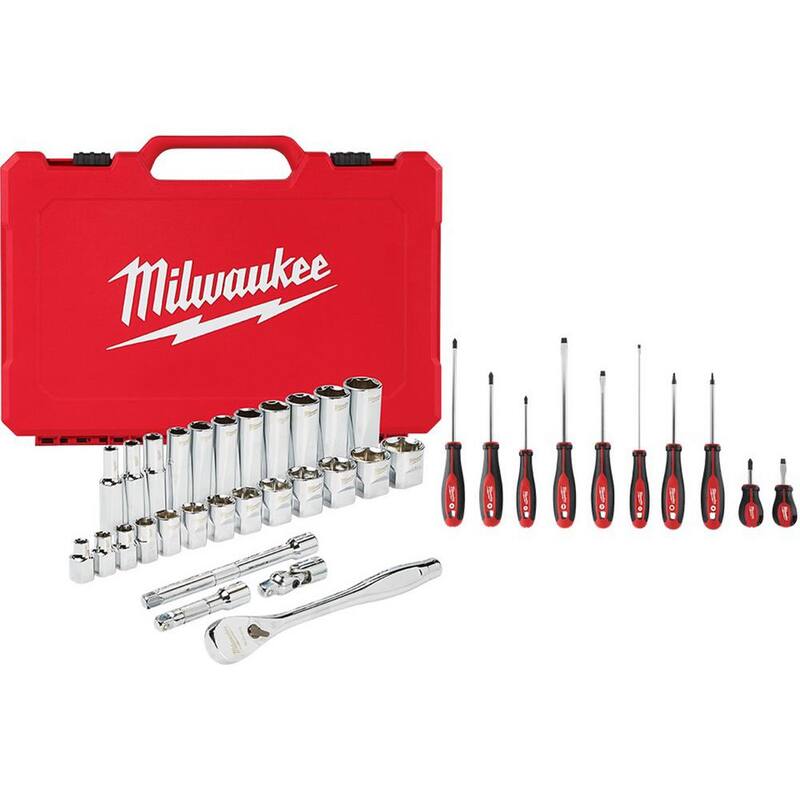 Set de herramientas mecánicas Milwaukee de 3/8 pulgadas con trinquete y juego de puntas SAE, y juego de destornilladores (38 piezas) - 48-22-9408-48-22-2710