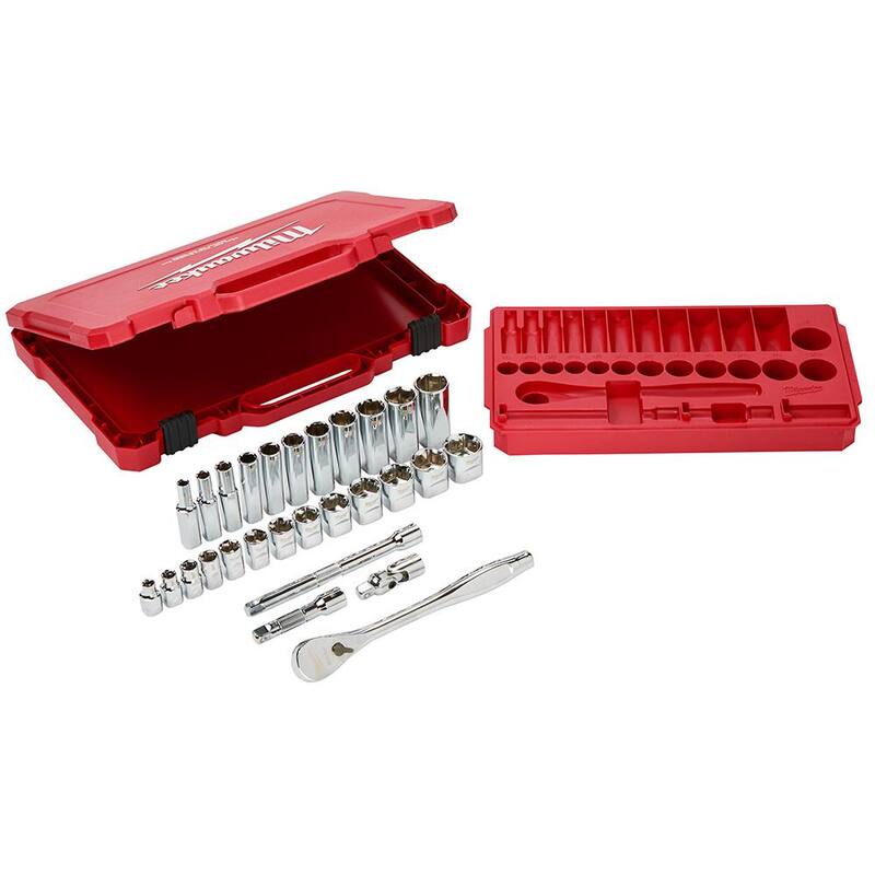 Set de herramientas mecánicas Milwaukee de 3/8 pulgadas con trinquete y juego de puntas SAE, y juego de destornilladores (38 piezas) - 48-22-9408-48-22-2710
