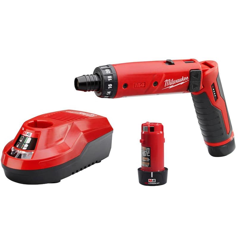 Milwaukee M4 4V Taladro inalámbrico de iones de litio de 1/4 de pulgada con puntas hexagonales, juego de 2 baterías - 2101-22