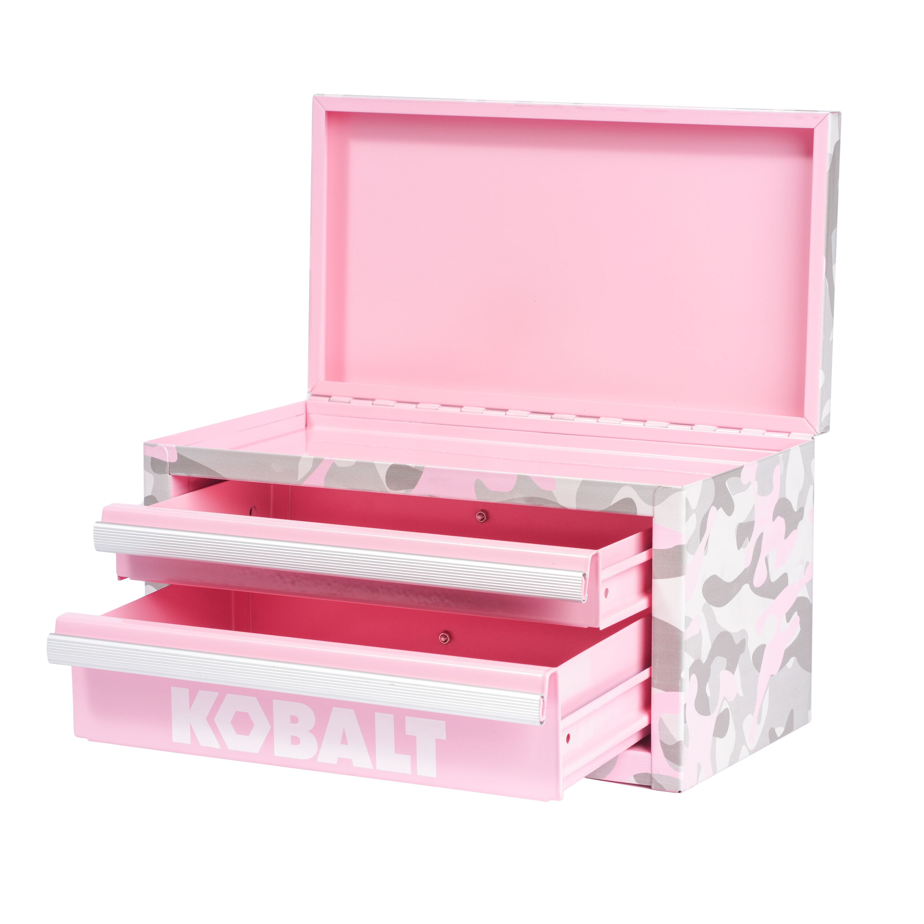 Caja de herramientas portátil en miniatura Kobalt 10.83 pulgadas de ancho x 5.91 pulgadas de alto x 5.91 pulgadas de profundidad, con 2 cajones, estilo camuflaje rosado de acero, modelo 55234.