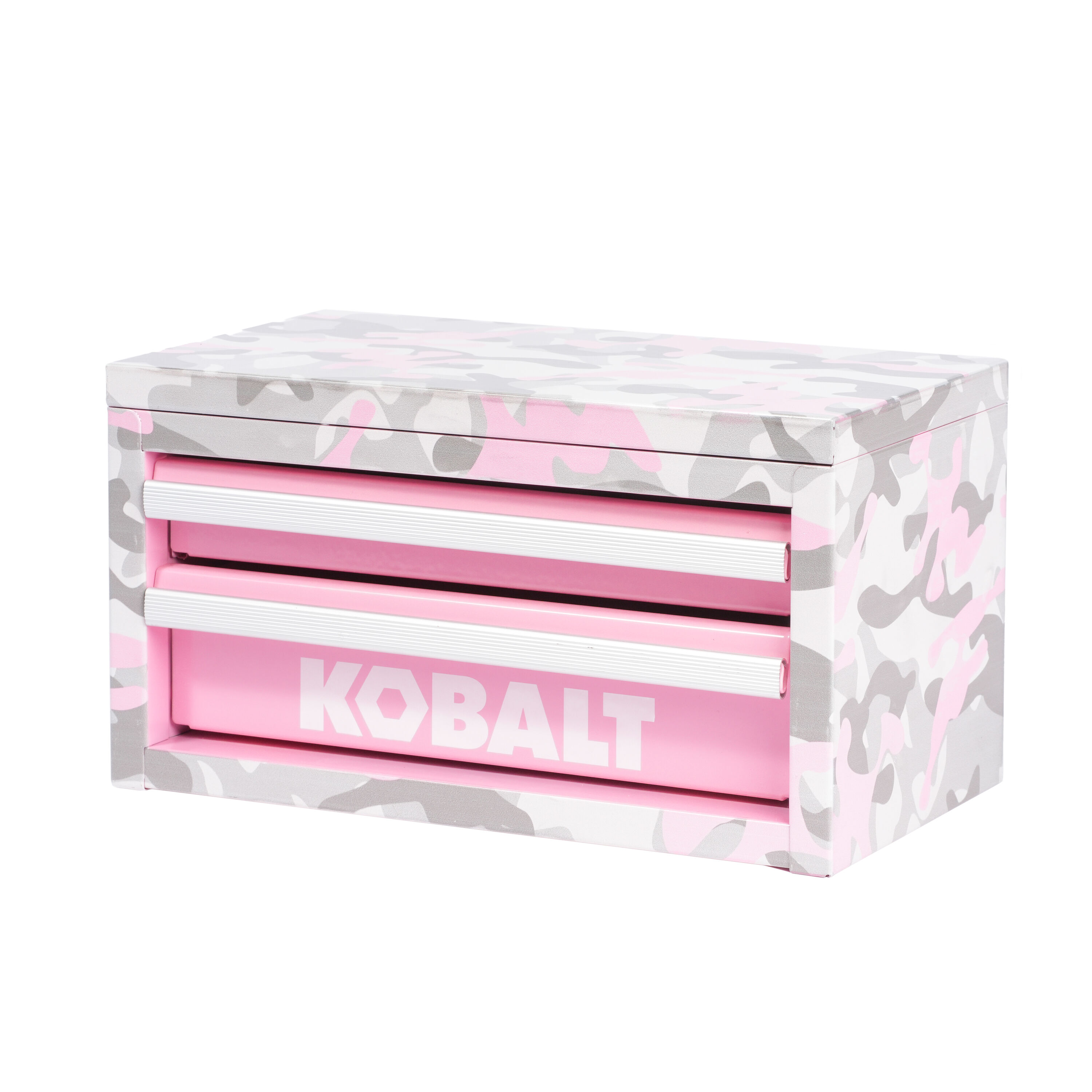 Caja de herramientas portátil en miniatura Kobalt 10.83 pulgadas de ancho x 5.91 pulgadas de alto x 5.91 pulgadas de profundidad, con 2 cajones, estilo camuflaje rosado de acero, modelo 55234.