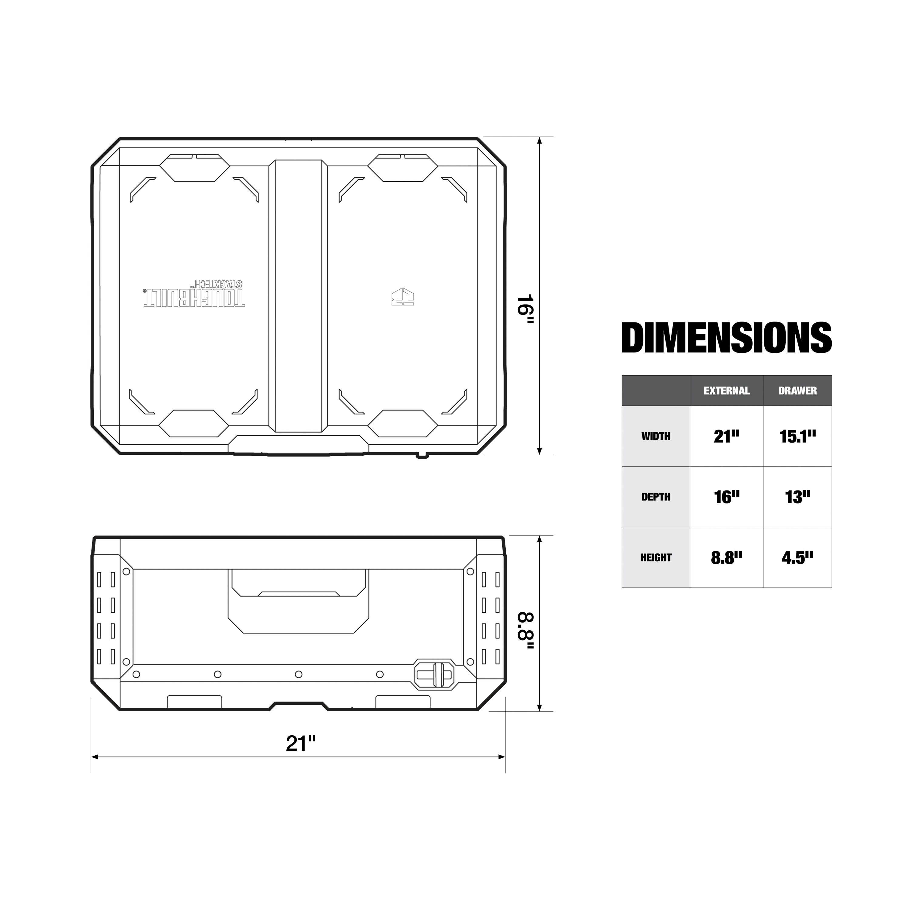 Caja de herramientas de plástico/metal TOUGHBUILT STACKTECH de 21 pulgadas de ancho x 8.8 pulgadas de alto x 16 pulgadas de profundidad TB-B1-D-30-1