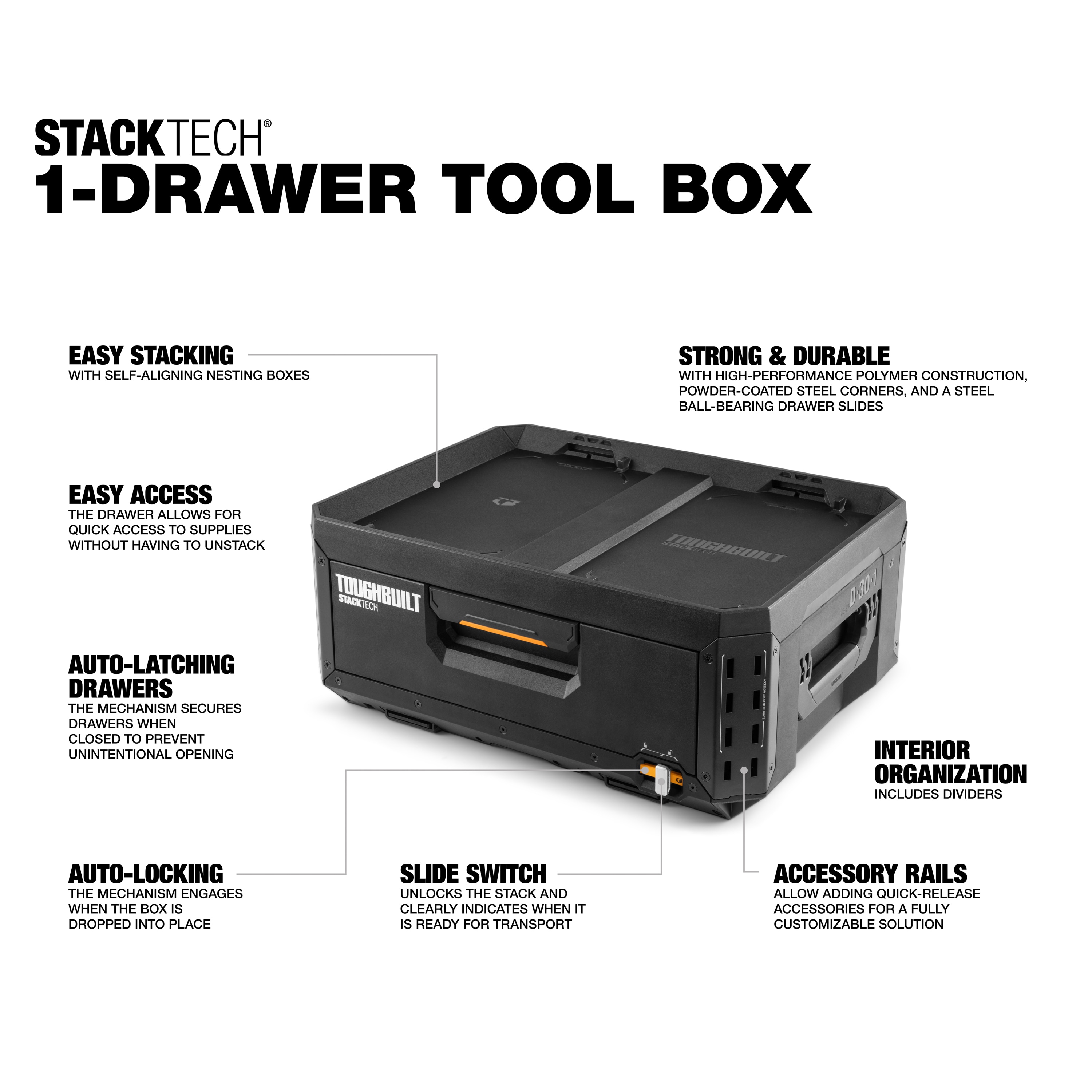 Caja de herramientas de plástico/metal TOUGHBUILT STACKTECH de 21 pulgadas de ancho x 8.8 pulgadas de alto x 16 pulgadas de profundidad TB-B1-D-30-1