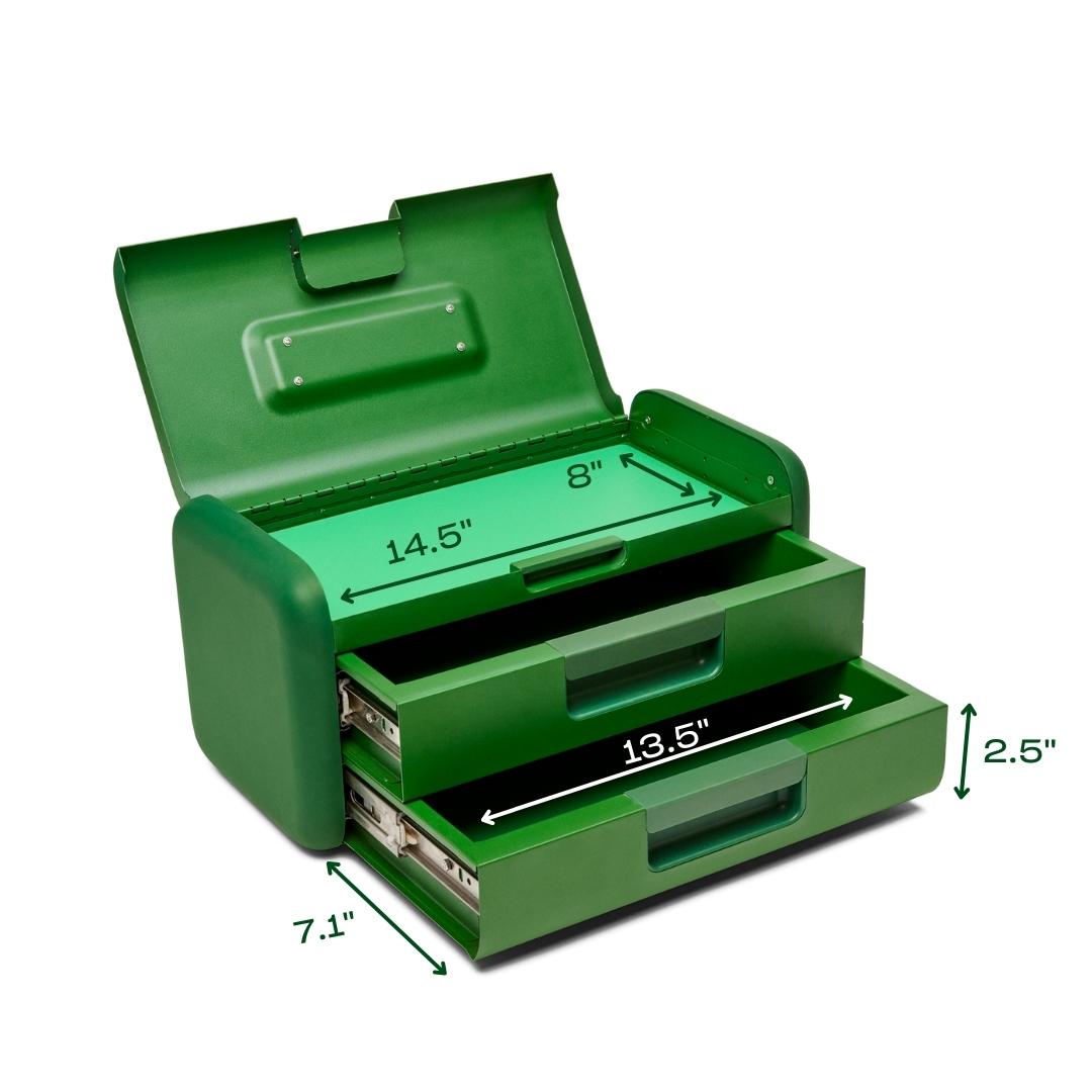 Caja de herramientas de acero verde de 3 cajones, 17 pulgadas de ancho x 8.25 pulgadas de altura x 8.25 pulgadas de profundidad.
