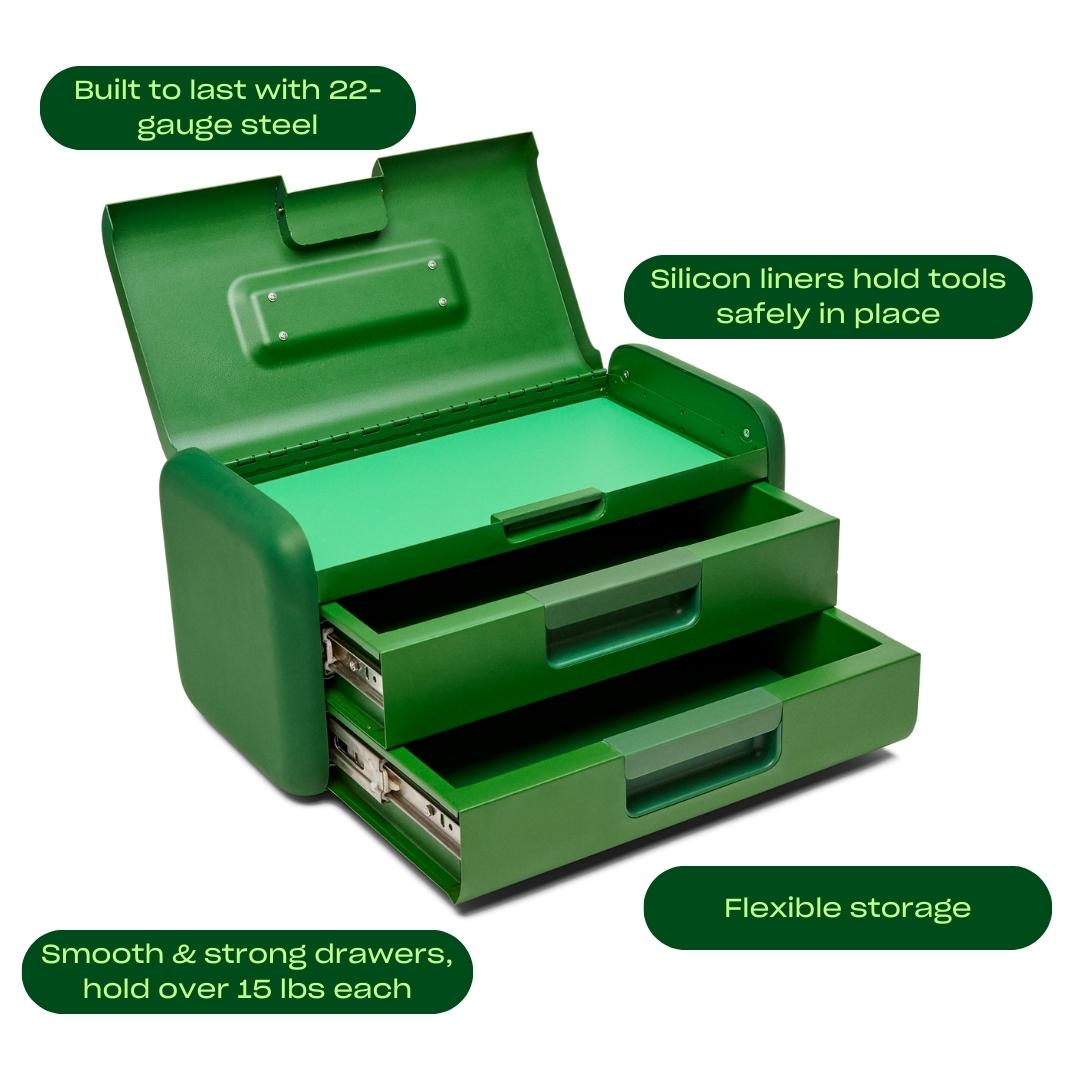 Caja de herramientas de acero verde de 3 cajones, 17 pulgadas de ancho x 8.25 pulgadas de altura x 8.25 pulgadas de profundidad.