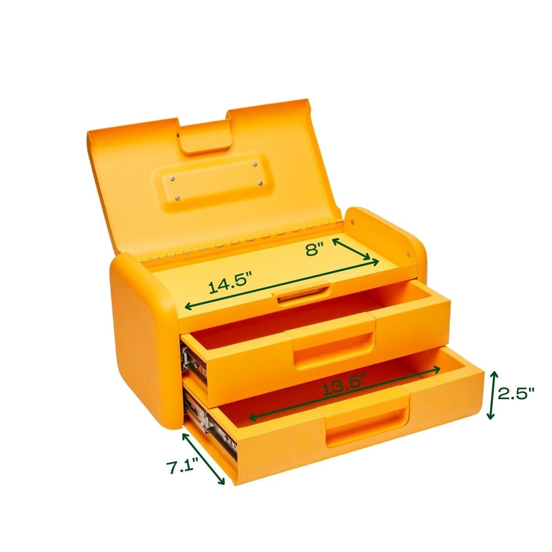 Caja de herramientas de acero amarillo de 3 cajones, tamaño 17 pulgadas de ancho x 8.25 pulgadas de alto x 8.25 pulgadas de profundidad.