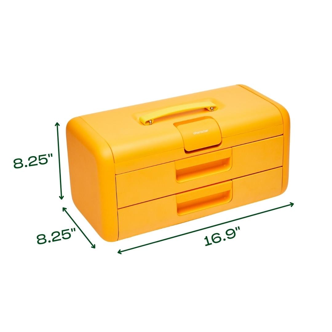 Caja de herramientas de acero amarillo de 3 cajones, tamaño 17 pulgadas de ancho x 8.25 pulgadas de alto x 8.25 pulgadas de profundidad.
