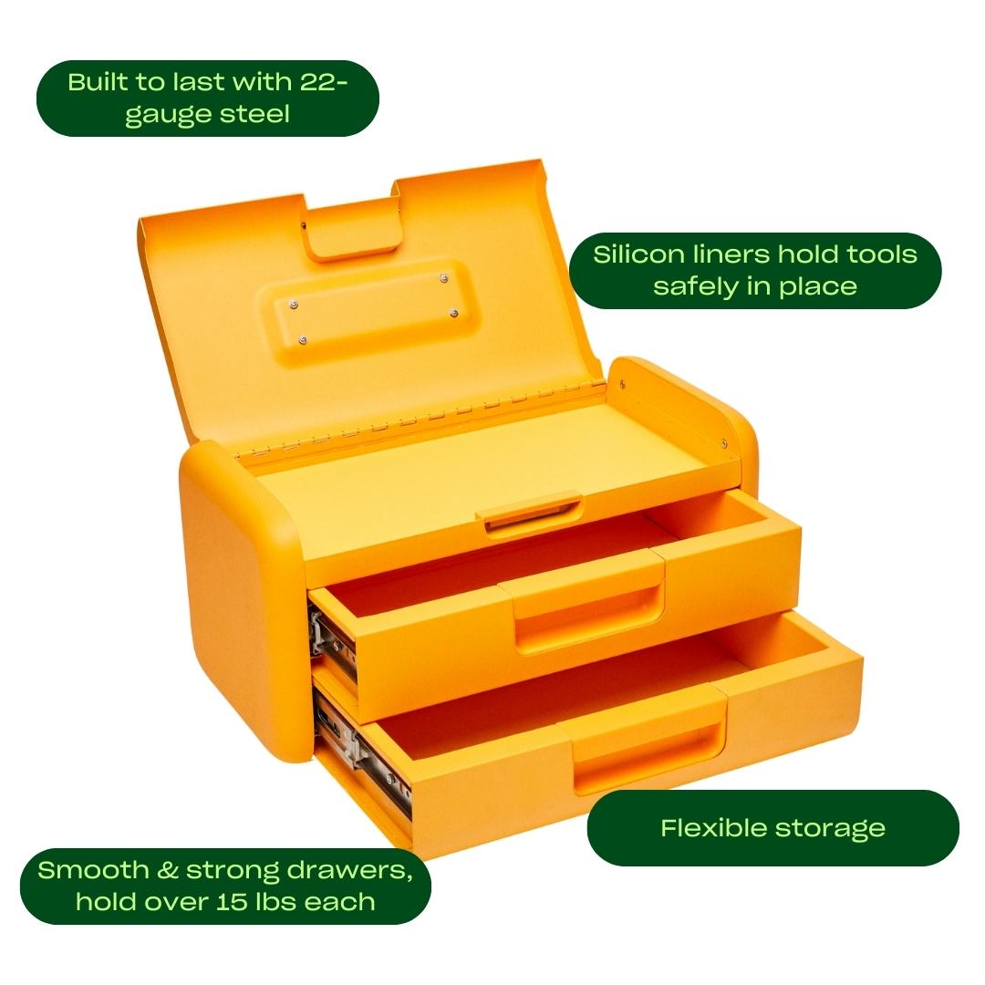 Caja de herramientas de acero amarillo de 3 cajones, tamaño 17 pulgadas de ancho x 8.25 pulgadas de alto x 8.25 pulgadas de profundidad.