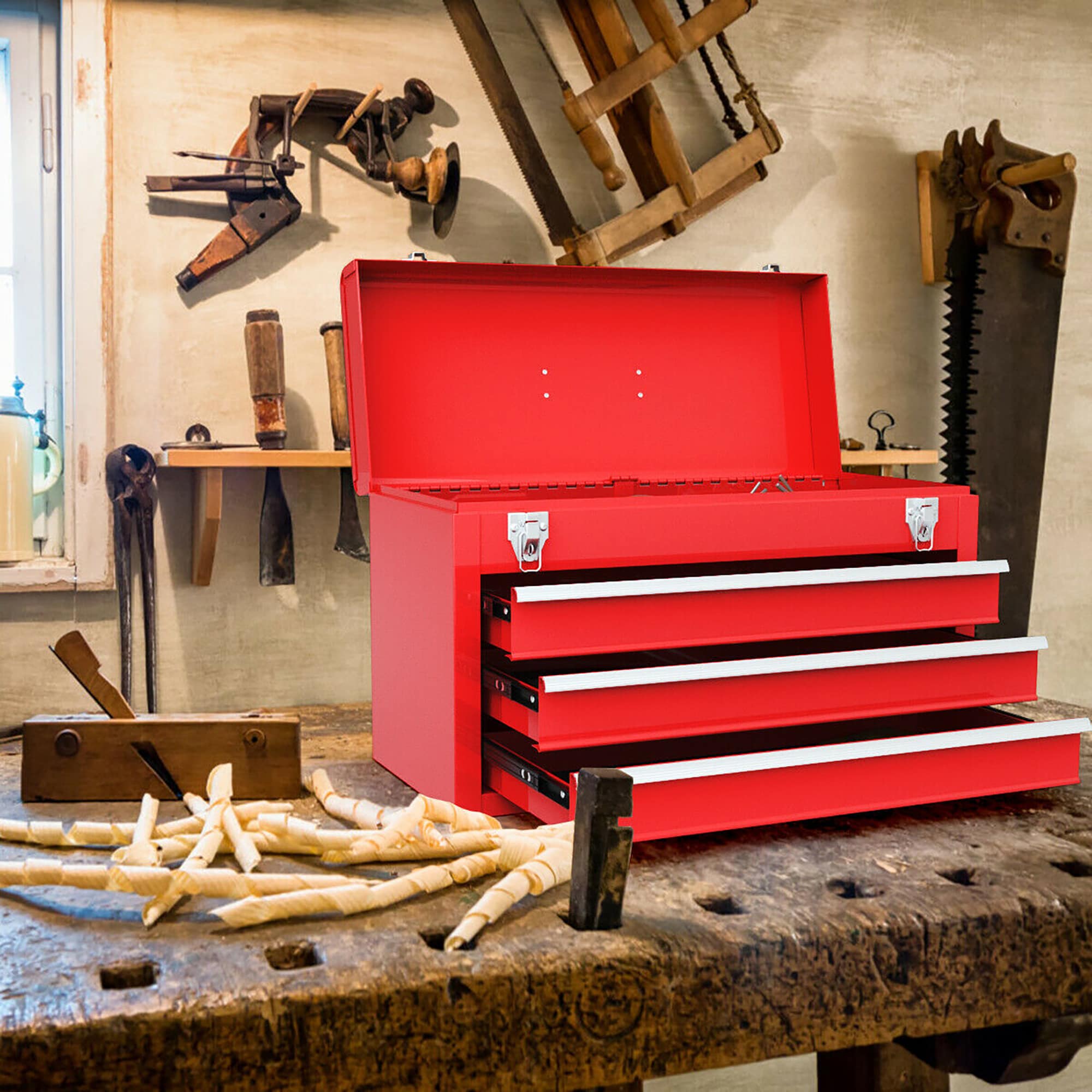 Caja de herramientas metálica roja de 3 cajones Costway 8.5 pulgadas W x 12 pulgadas H x 20.5 pulgadas D