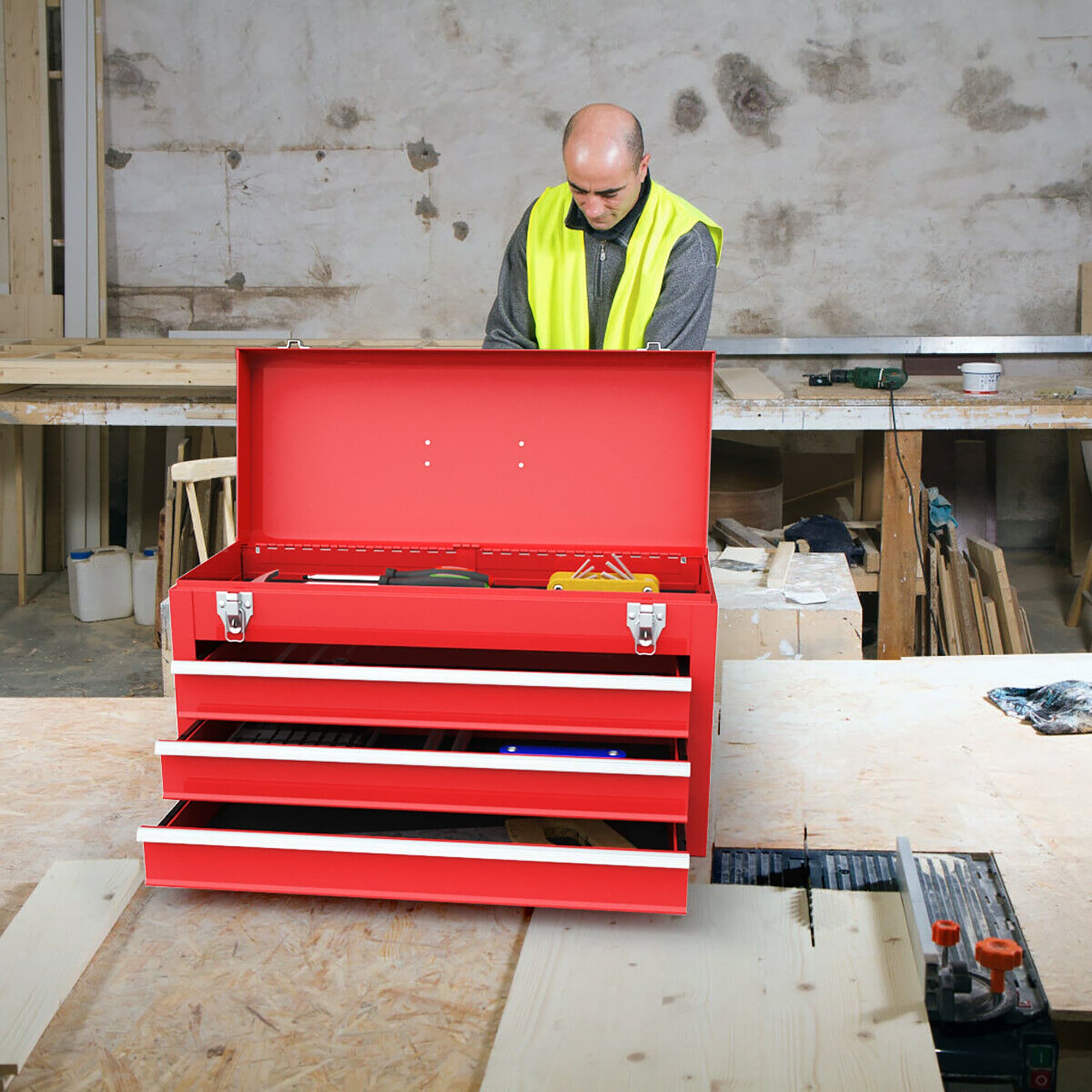 Caja de herramientas metálica roja de 3 cajones Costway 8.5 pulgadas W x 12 pulgadas H x 20.5 pulgadas D