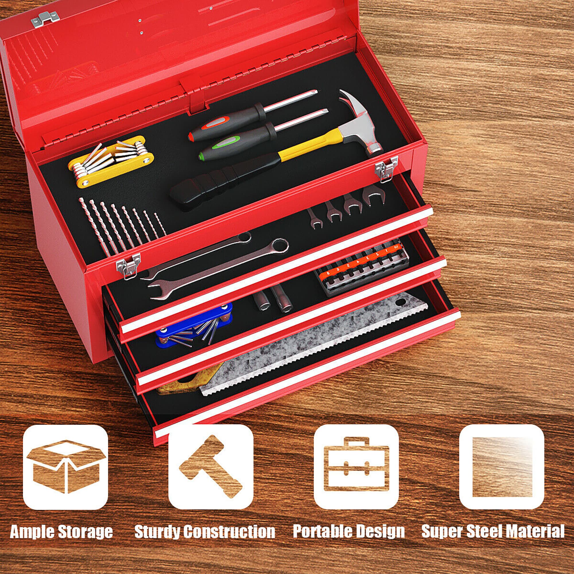 Caja de herramientas metálica roja de 3 cajones Costway 8.5 pulgadas W x 12 pulgadas H x 20.5 pulgadas D
