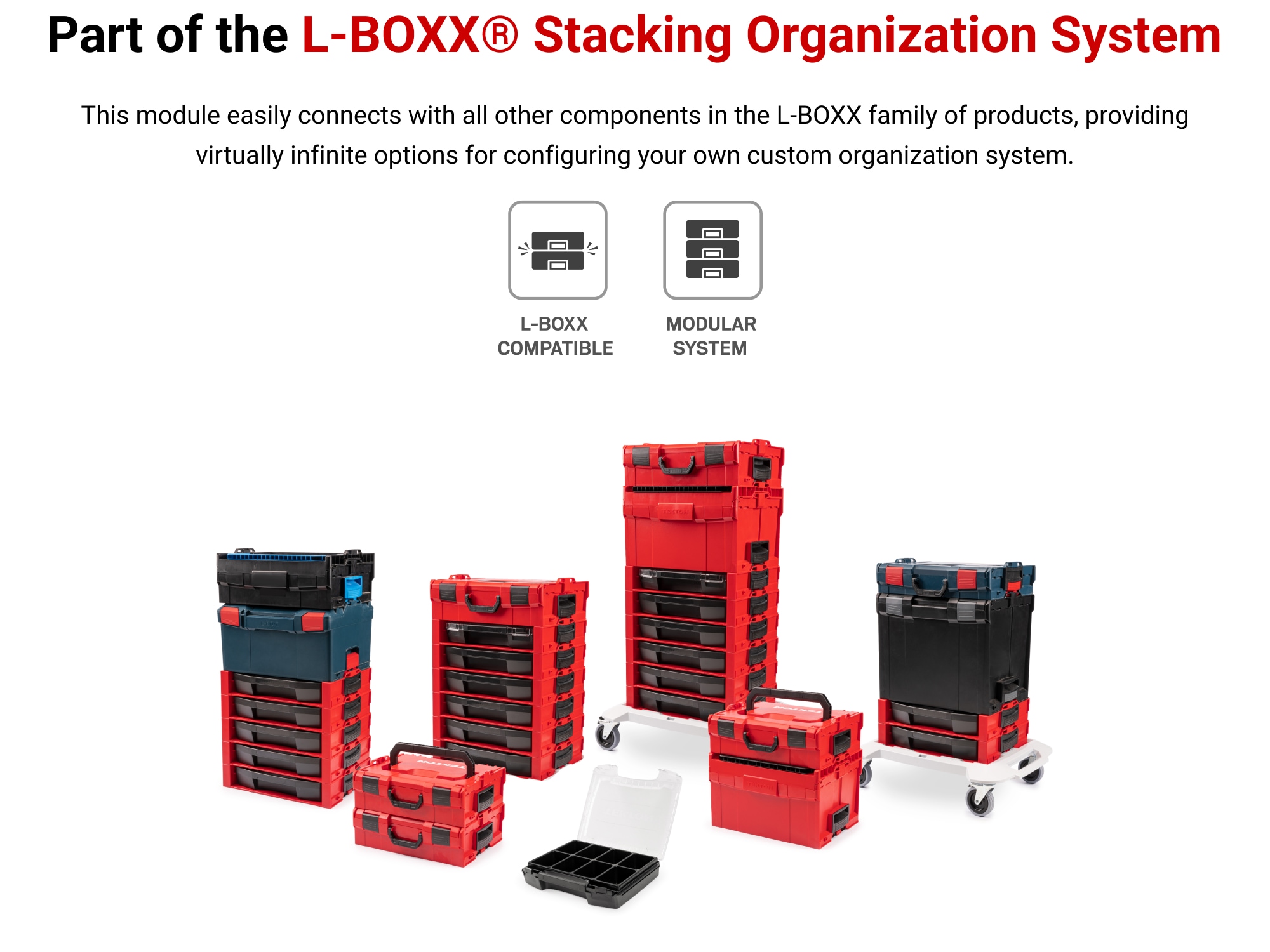 Caja de herramientas de plástico rojo TEKTON L-Boxx de 17.5 pulgadas de largo x 6 pulgadas de alto x 14.1 pulgadas de profundidad OLB91002