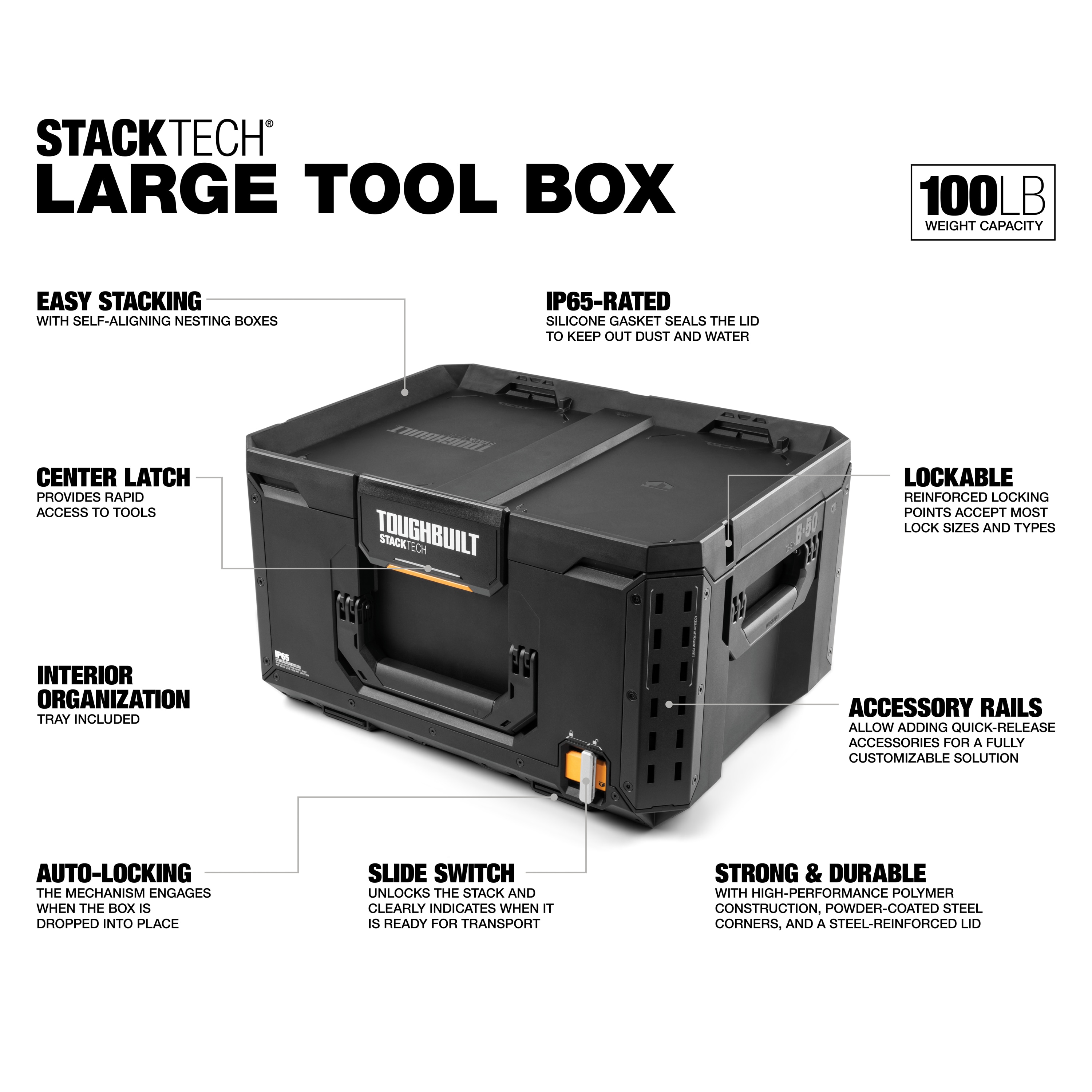 Caja de herramientas de plástico/metal TOUGHBUILT STACKTECH grande de 21 pulgadas de ancho x 11.7 pulgadas de alto x 16 pulgadas de profundidad TB-B1-B-50