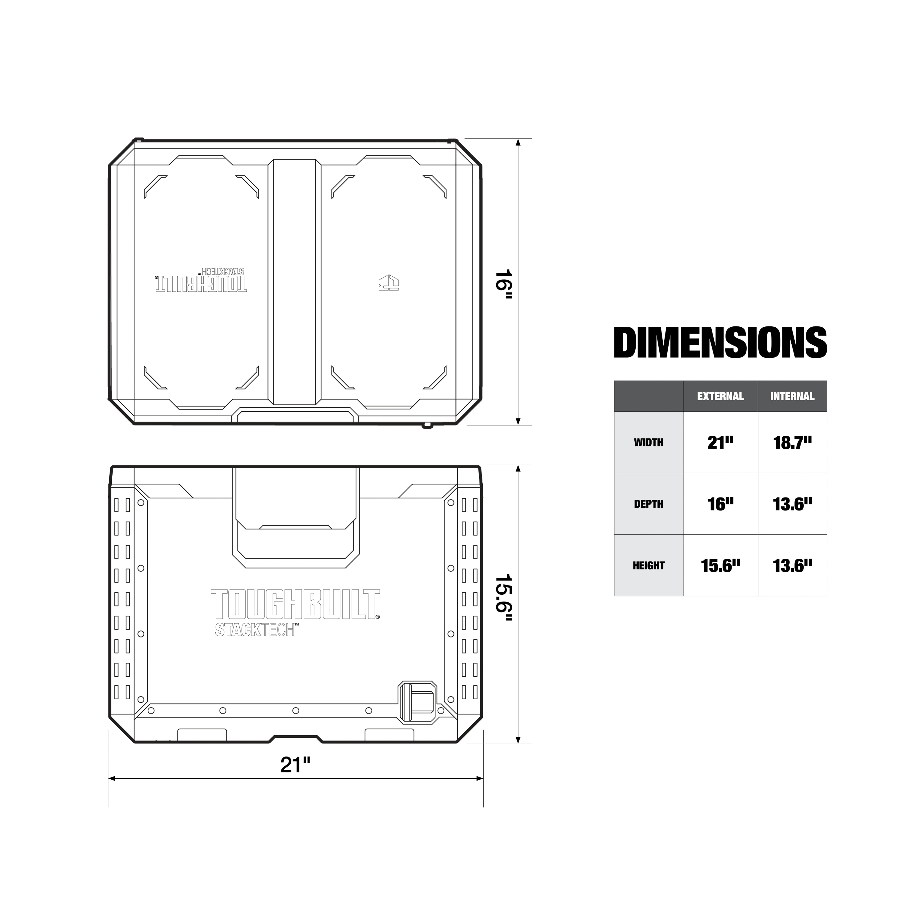 Caja de herramientas TOUGHBUILT STACKTECH XL de plástico/metal de 21 pulgadas de ancho x 15.6 pulgadas de alto x 16 pulgadas de profundidad TB-B1-B-70