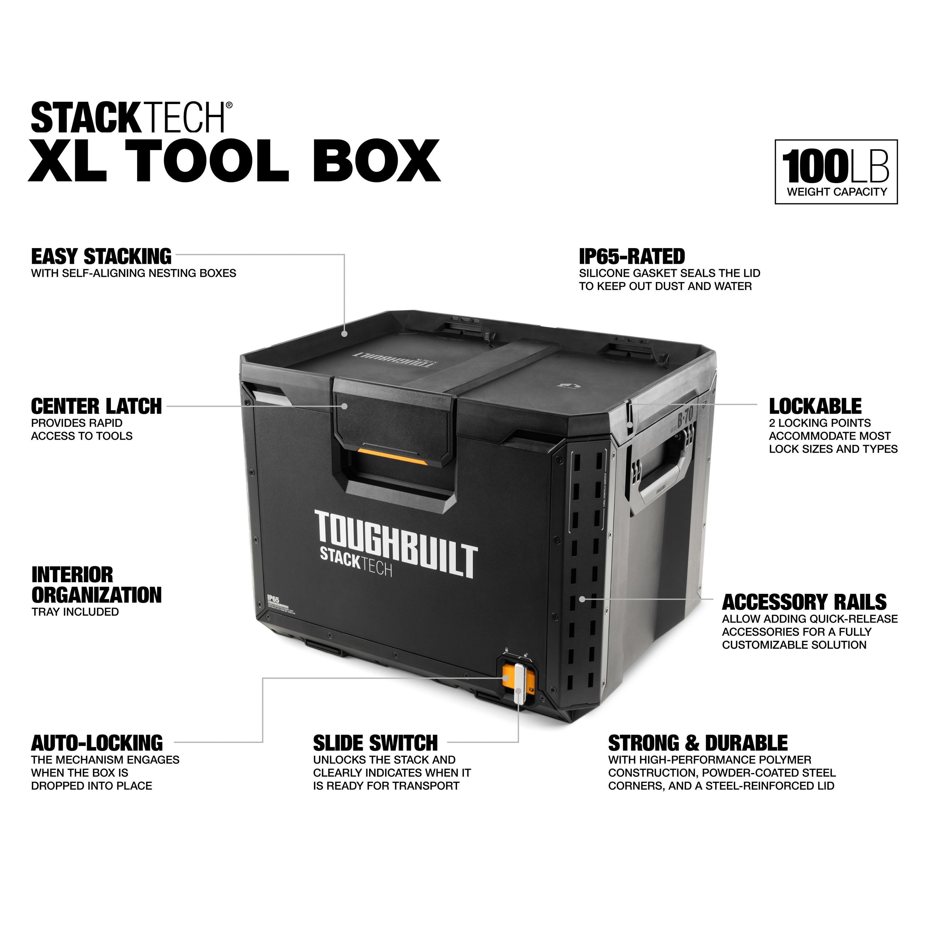 Caja de herramientas TOUGHBUILT STACKTECH XL de plástico/metal de 21 pulgadas de ancho x 15.6 pulgadas de alto x 16 pulgadas de profundidad TB-B1-B-70