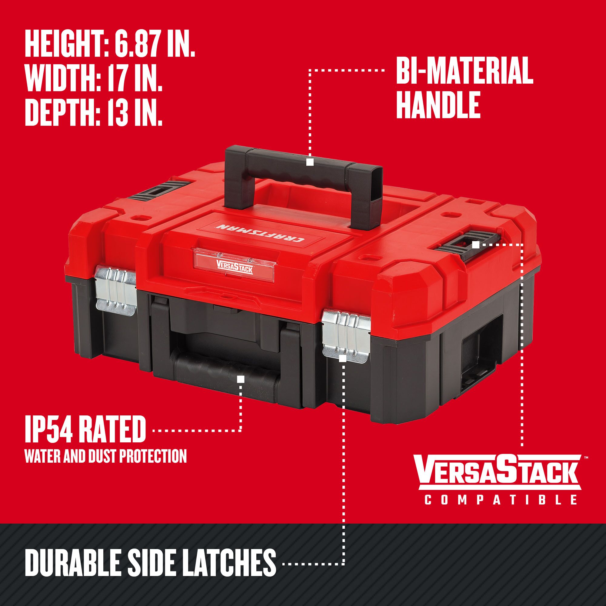 Caja de herramientas de plástico rojo CRAFTSMAN VERSASTACK de 17 pulgadas de ancho x 6.87 pulgadas de alto x 13.0 pulgadas de profundidad CMST17830