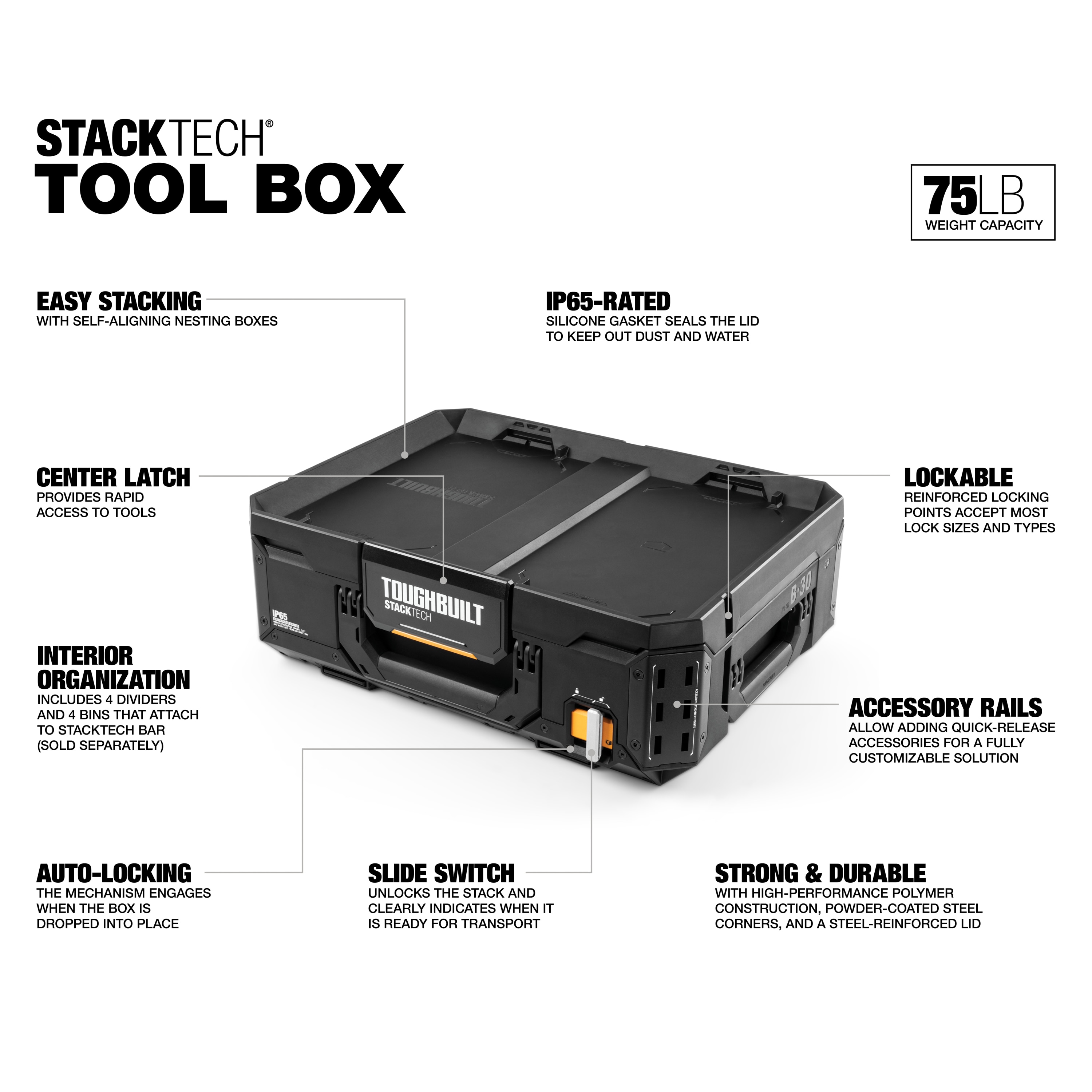 Caja de herramientas de plástico/metal TOUGHBUILT STACKTECH 21 pulgadas de ancho x 13.5 pulgadas de alto x 16 pulgadas de profundidad TB-B1-B-30