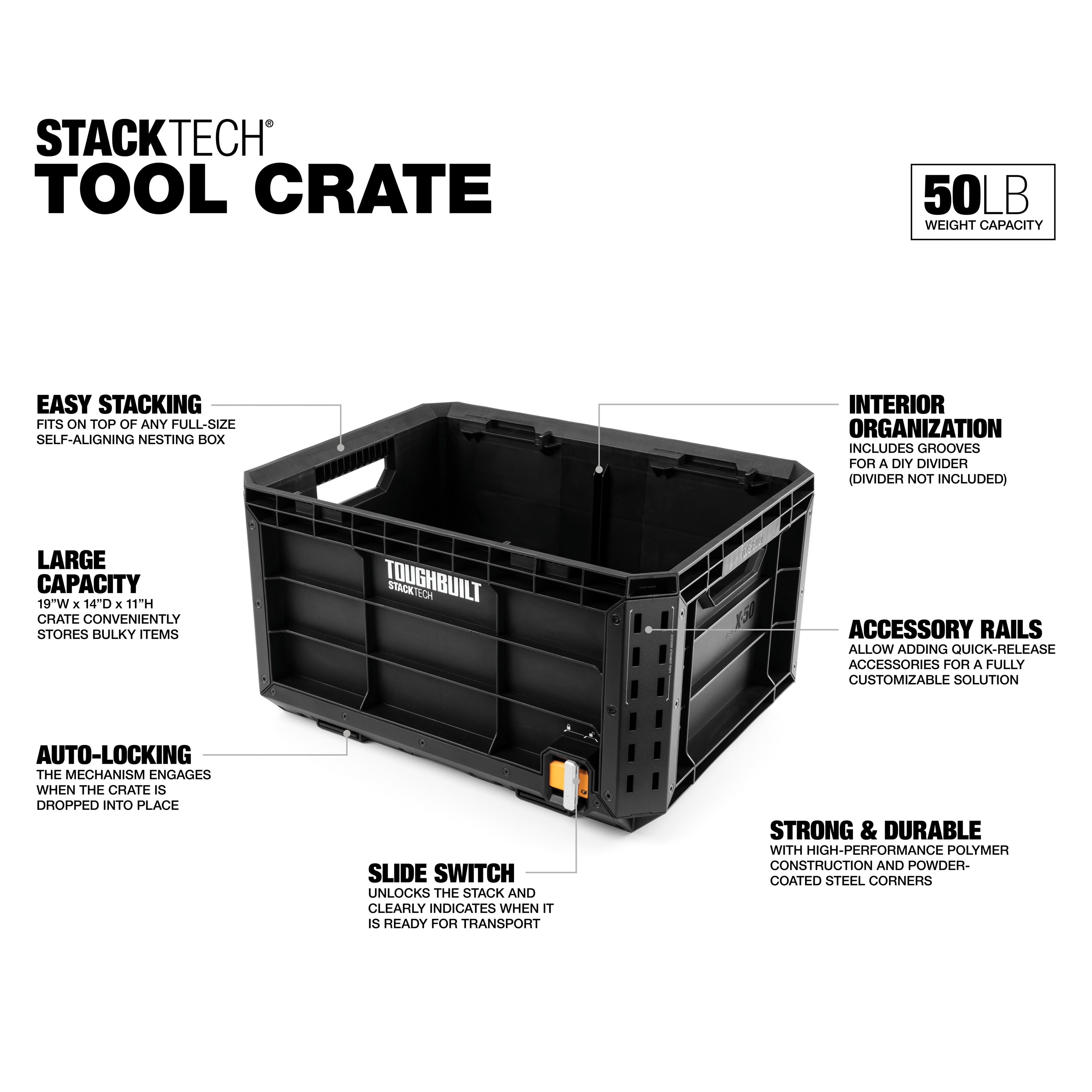 Caja de herramientas de plástico/metal TOUGHBUILT STACKTECH Crate de 21 pulgadas de ancho x 11.4 pulgadas de alto x 16 pulgadas de profundidad TB-B1-X-50