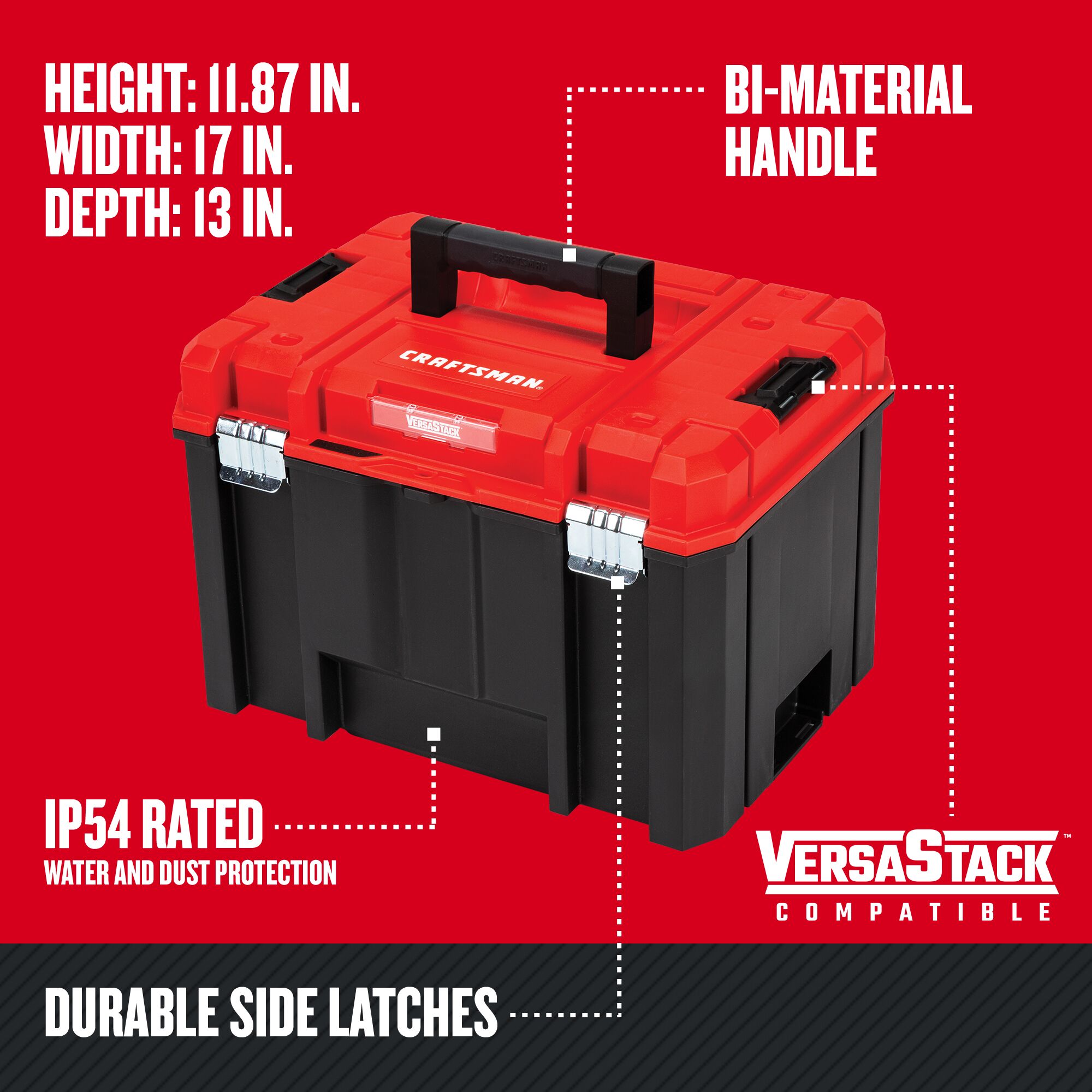 Caja de herramientas de plástico roja CRAFTSMAN VERSASTACK de 17 pulgadas de ancho x 11.87 pulgadas de alto x 13.0 pulgadas de profundidad CMST17825