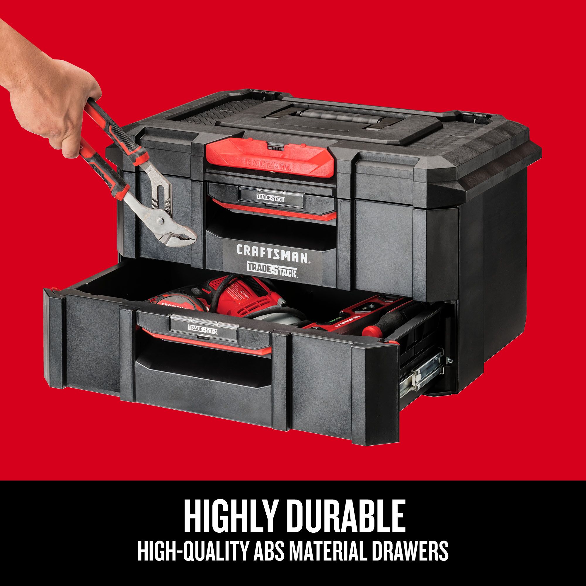 Caja de herramientas de espuma estructural negra CRAFTSMAN TRADESTACK de 21.45 pulgadas de ancho x 12.79 pulgadas de alto x 13.85 pulgadas de profundidad con 2 cajones CMST21404