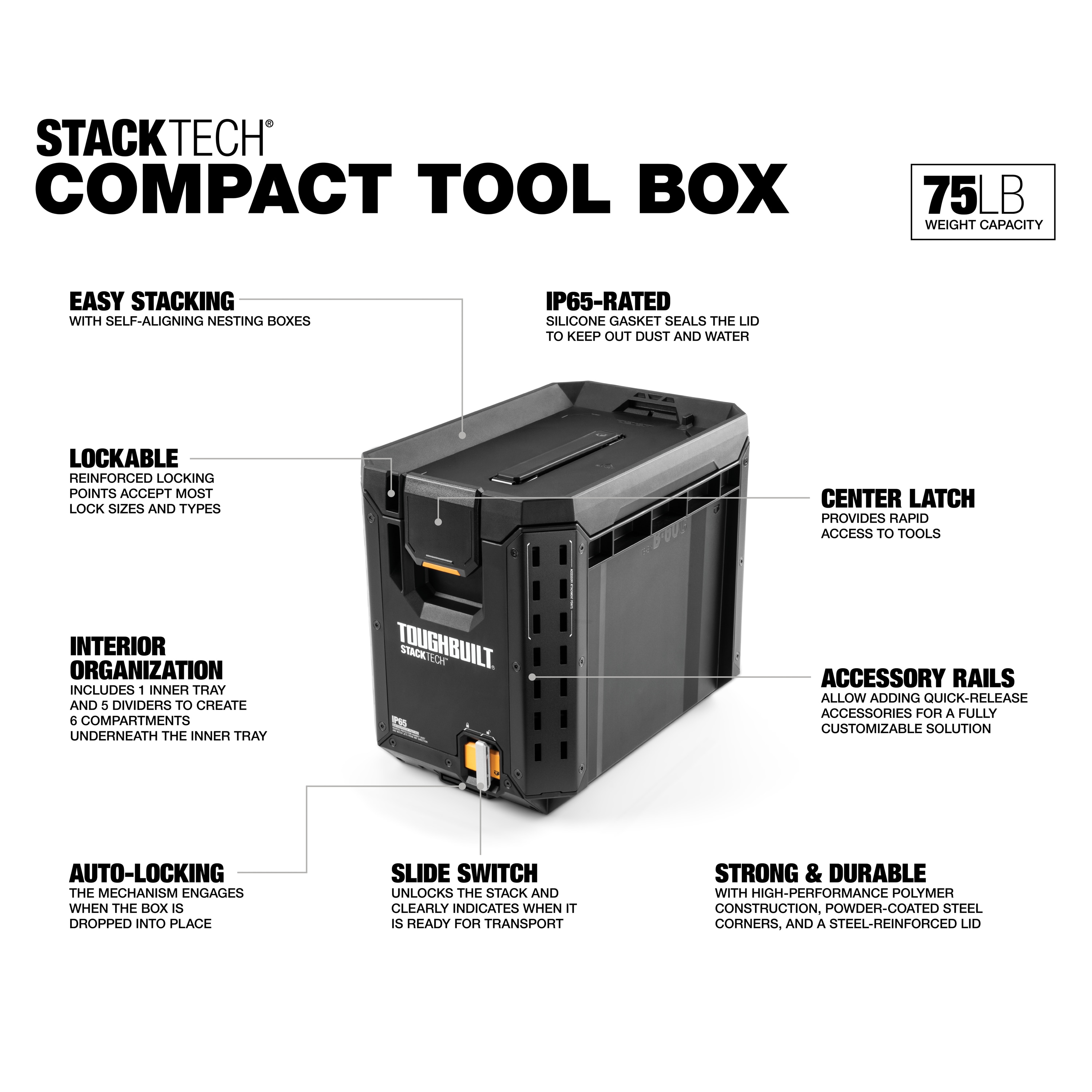 Caja de herramientas de plástico y metal TOUGHBUILT STACKTECH Compact 10.4 pulgadas de ancho x 13.5 pulgadas de alto x 16 pulgadas de profundidad TB-B1-B-60C