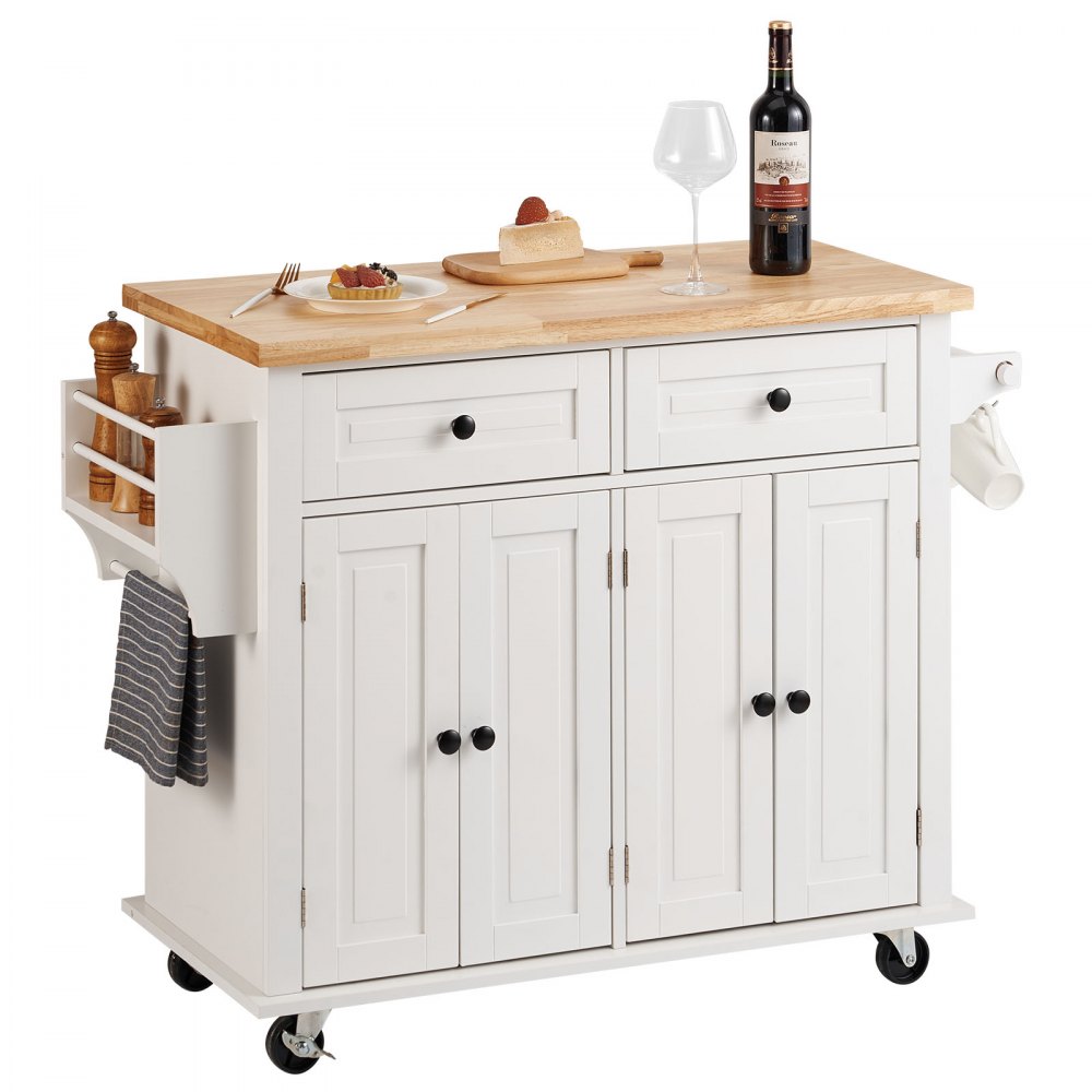 VEVOR Kitchen Island Cart with Solid Wood Top, 35.4" Width Mobile Carts with Storage Cabinet, Rolling Kitchen Table with Spice Rack, Towel Rack, and Drawer, Portable Islands on Wheels, White - YDKCFDXJMDB24F20GV0