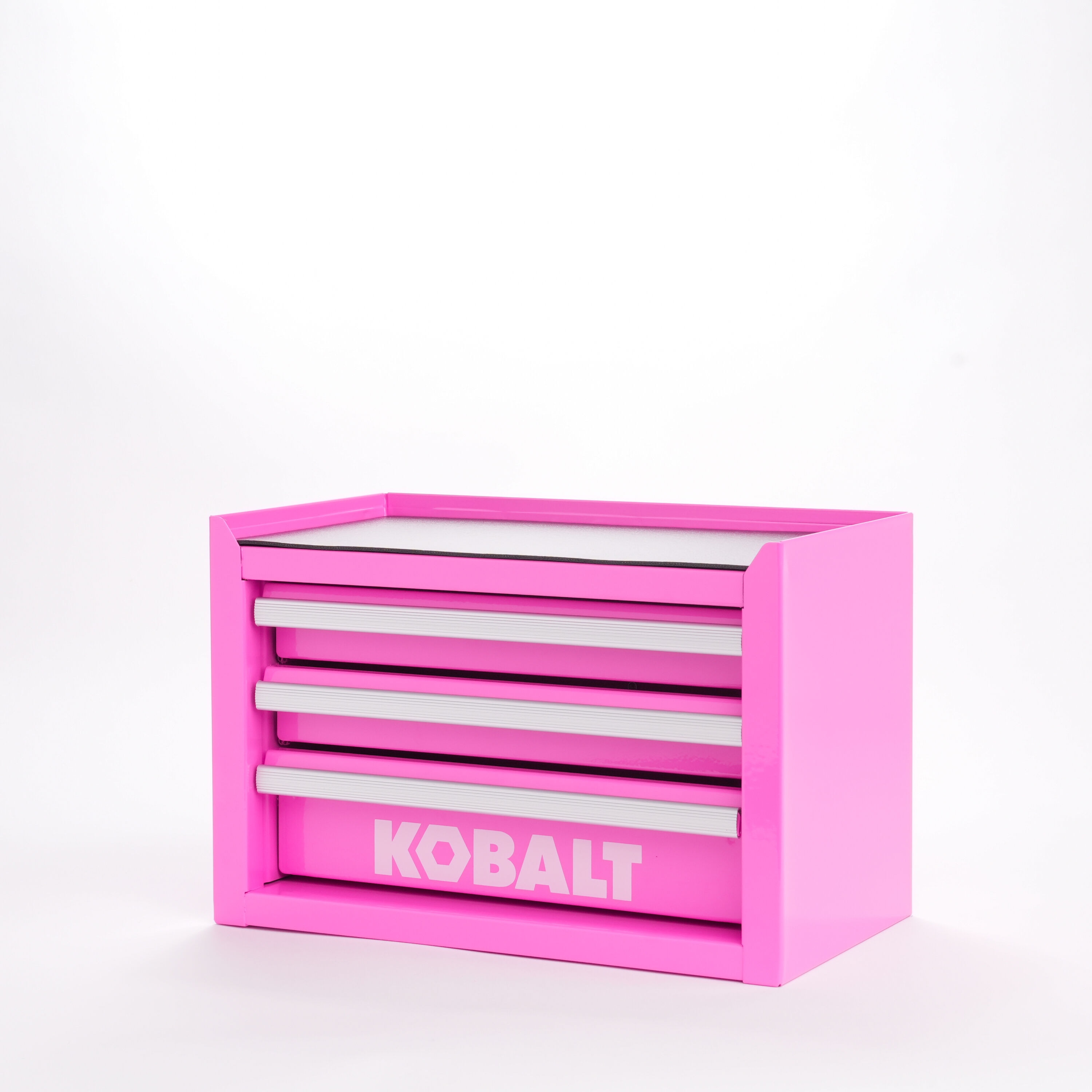 Caja de herramientas portátil mini base Kobalt 11.1 pulgadas de ancho x 7.36 pulgadas de alto x 6.14 pulgadas de profundidad, con 3 cajones, color rosa caliente de acero, modelo 55817