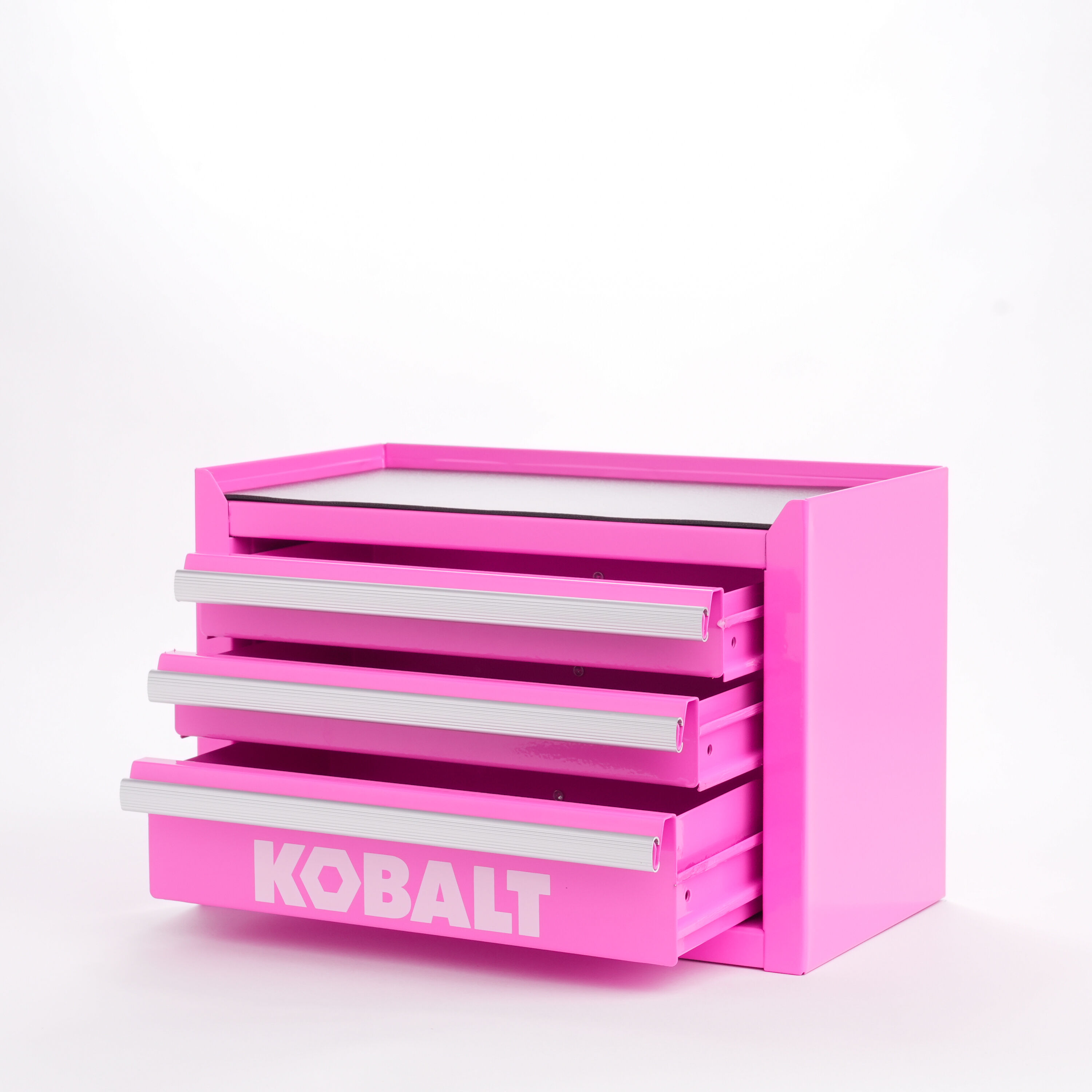 Caja de herramientas portátil mini base Kobalt 11.1 pulgadas de ancho x 7.36 pulgadas de alto x 6.14 pulgadas de profundidad, con 3 cajones, color rosa caliente de acero, modelo 55817