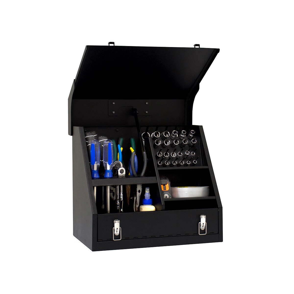 Caja de herramientas de acero negro Montezuma Triangle de 15.35 pulgadas de ancho x 13.19 pulgadas de alto x 10.04 pulgadas de profundidad SB150B-2