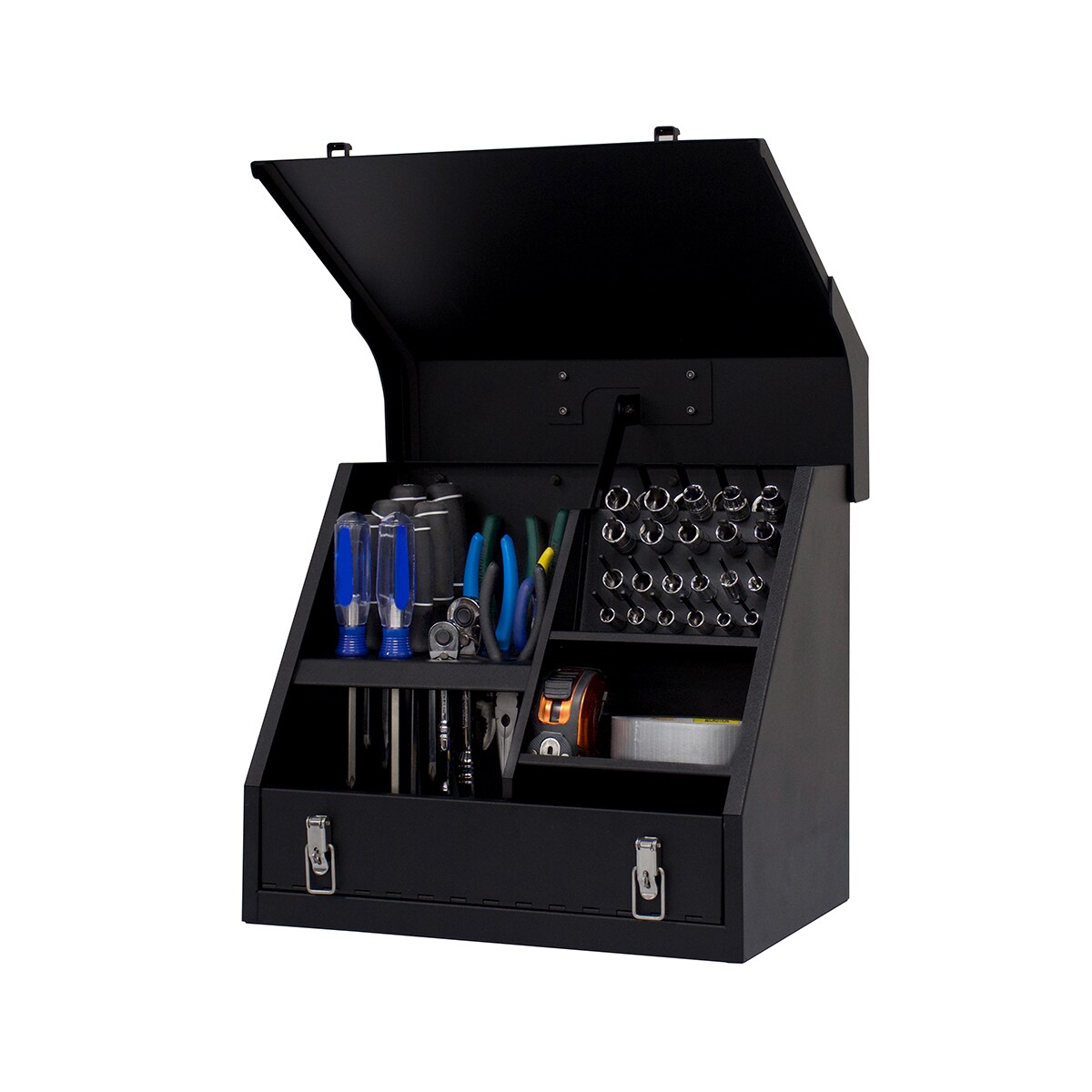 Caja de herramientas de acero negro Montezuma Triangle de 15.35 pulgadas de ancho x 13.19 pulgadas de alto x 10.04 pulgadas de profundidad SB150B-2