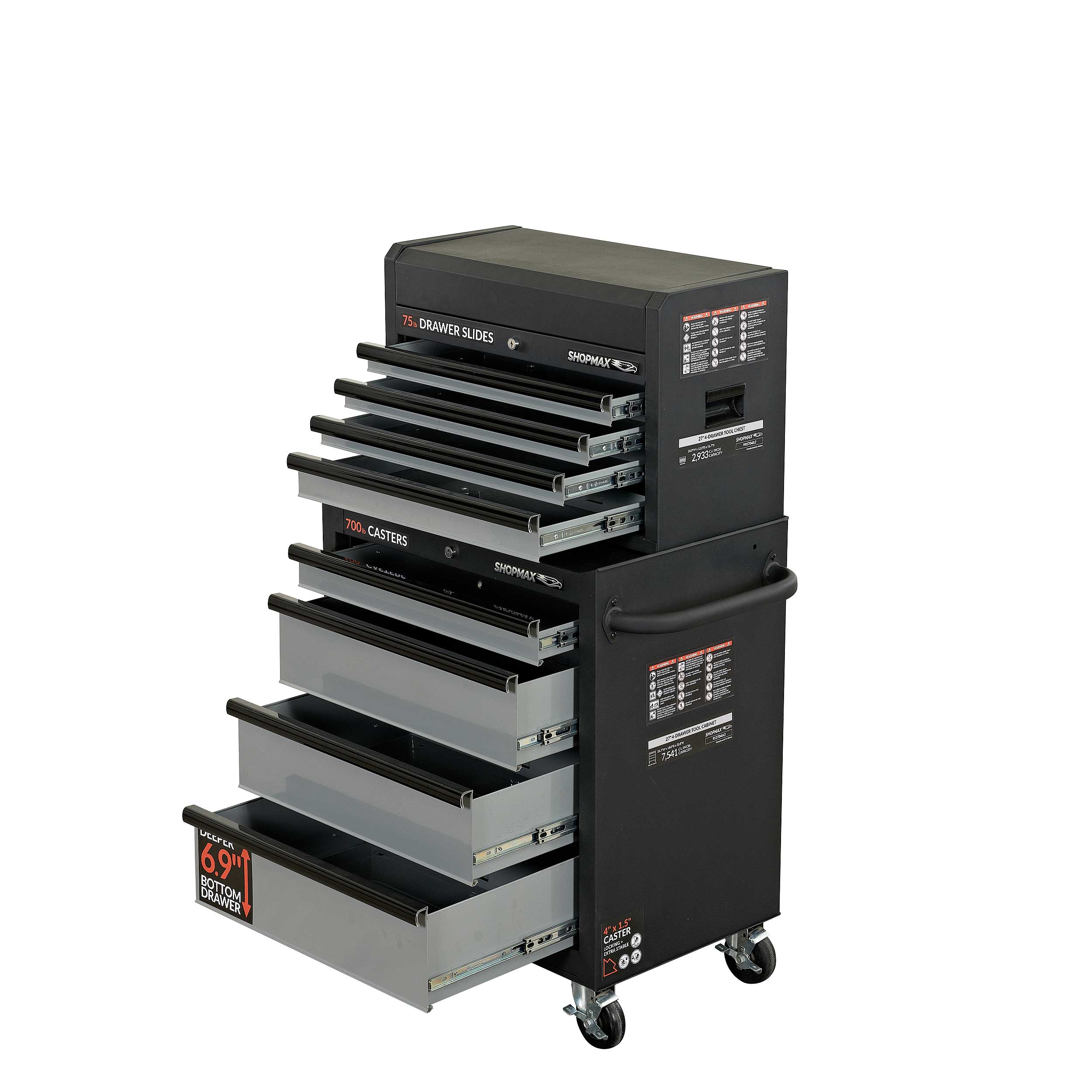 Combo de caja de herramientas de acero de 8 rodamientos a bolas, color negro, de 26.71 pulgadas de ancho x 49.04 pulgadas de alto SHOPMAX 92704A2-04A3