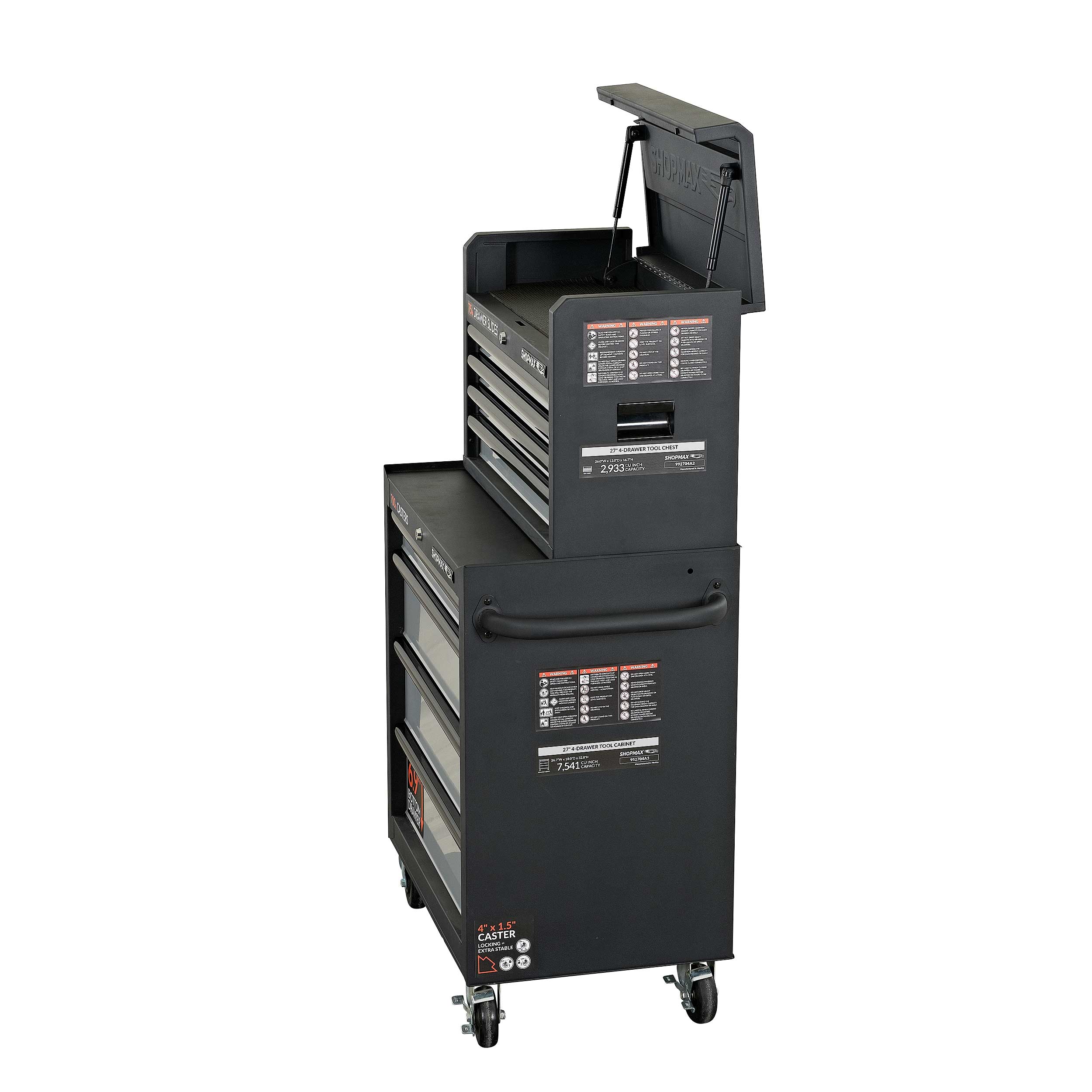 Combo de caja de herramientas de acero de 8 rodamientos a bolas, color negro, de 26.71 pulgadas de ancho x 49.04 pulgadas de alto SHOPMAX 92704A2-04A3