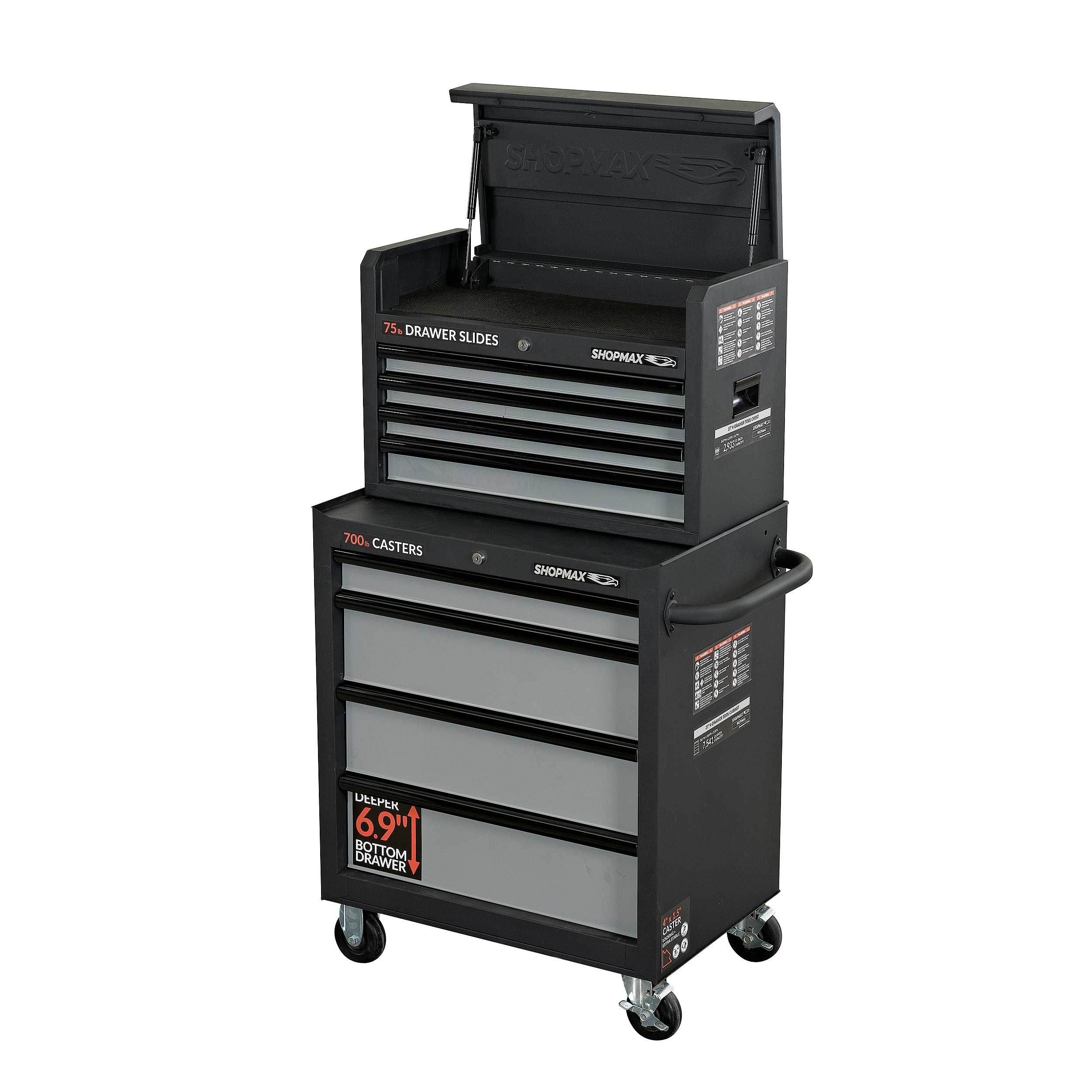 Combo de caja de herramientas de acero de 8 rodamientos a bolas, color negro, de 26.71 pulgadas de ancho x 49.04 pulgadas de alto SHOPMAX 92704A2-04A3