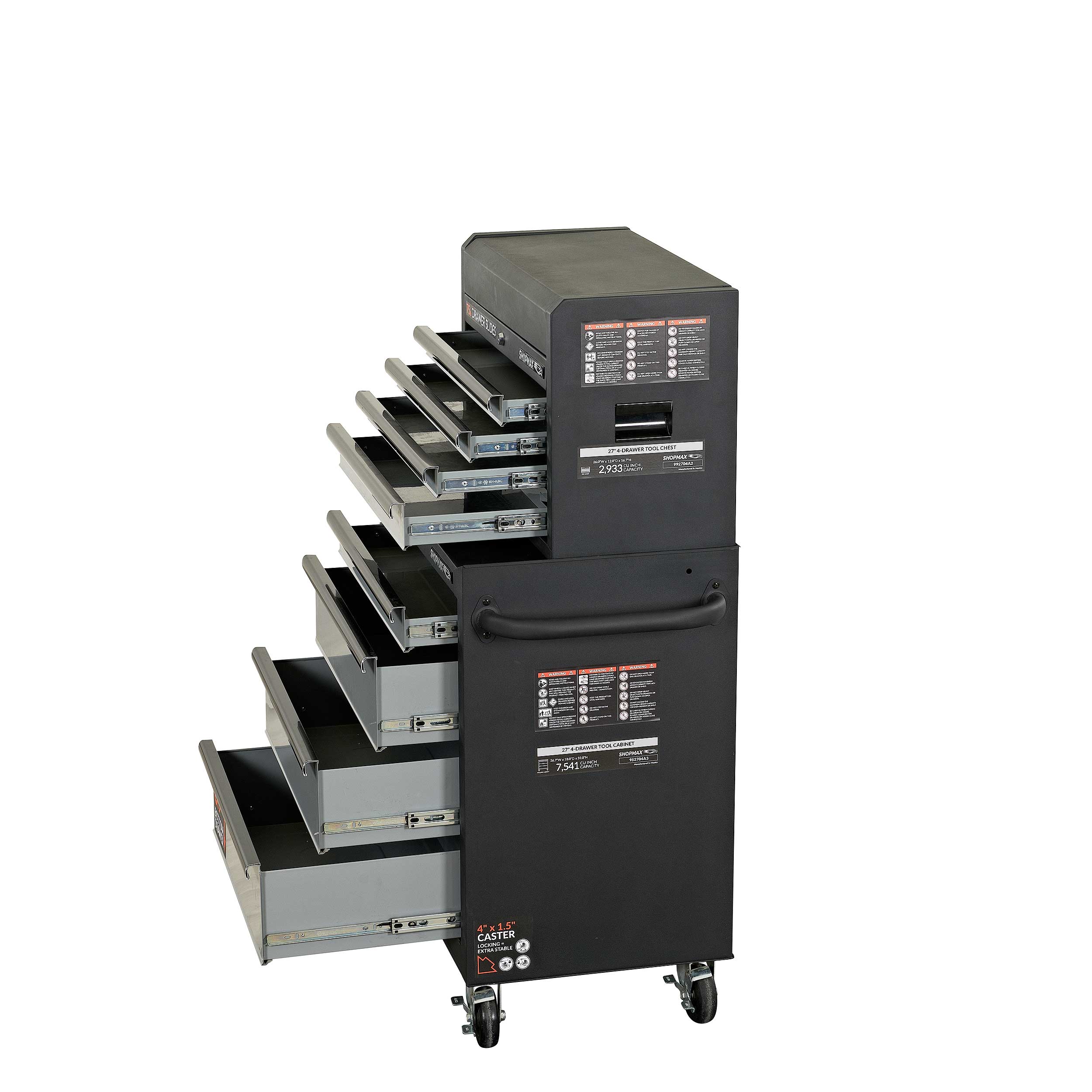 Combo de caja de herramientas de acero de 8 rodamientos a bolas, color negro, de 26.71 pulgadas de ancho x 49.04 pulgadas de alto SHOPMAX 92704A2-04A3