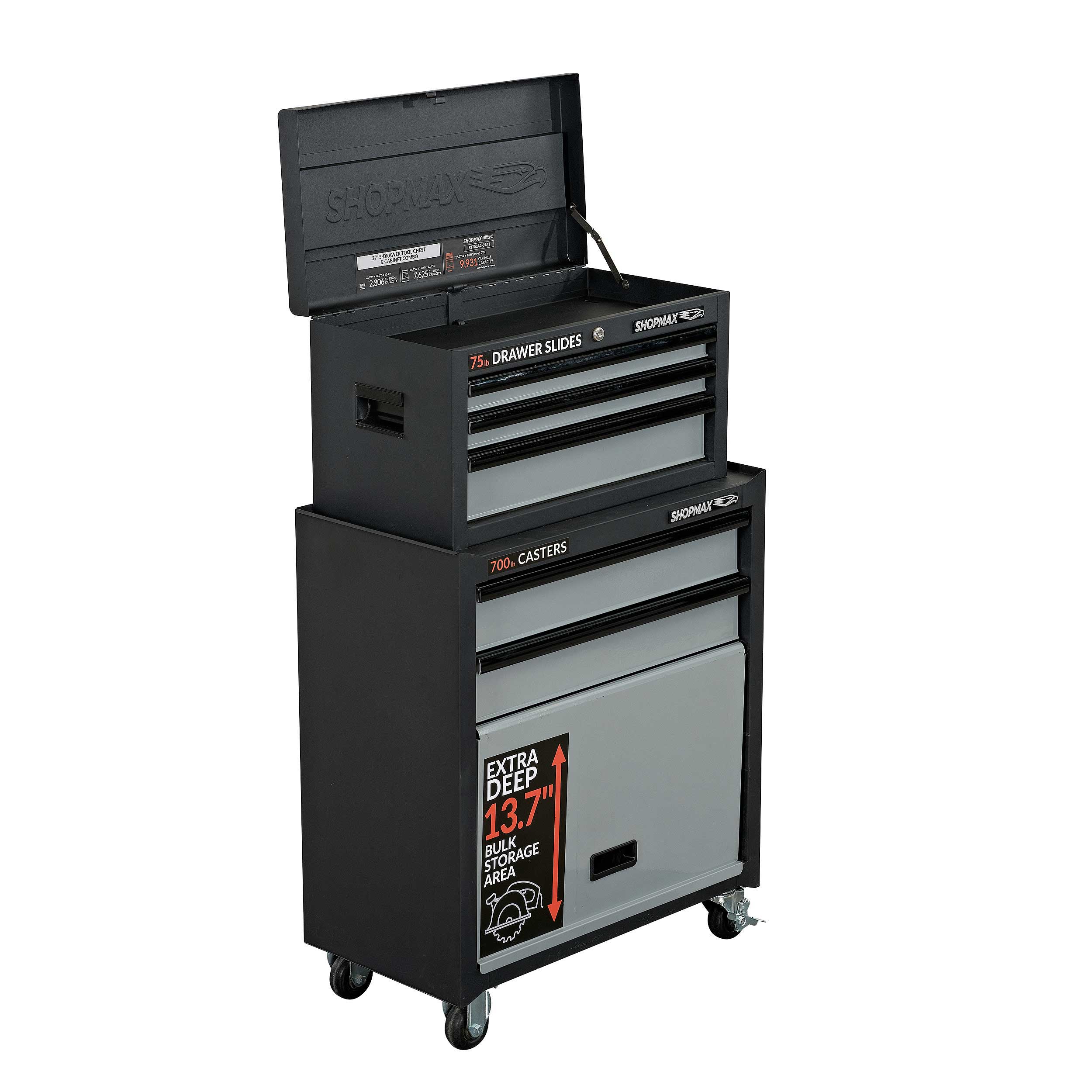 Combinación de caja de herramientas de acero con 5 cojinetes de bolas de 26.71 pulgadas de ancho x 55.42 pulgadas de alto (negro) 82703A2-02A1 de SHOPMAX