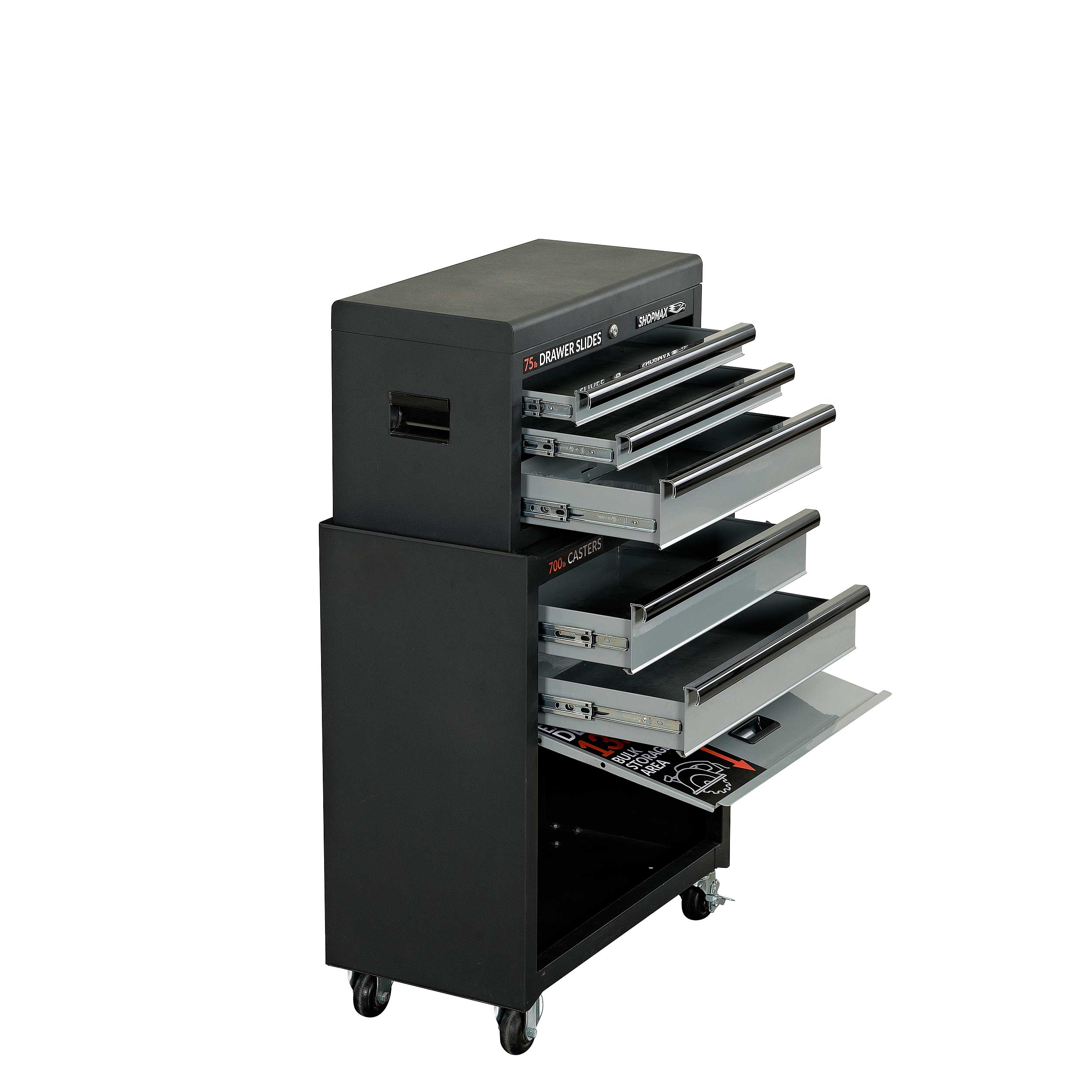 Combinación de caja de herramientas de acero con 5 cojinetes de bolas de 26.71 pulgadas de ancho x 55.42 pulgadas de alto (negro) 82703A2-02A1 de SHOPMAX