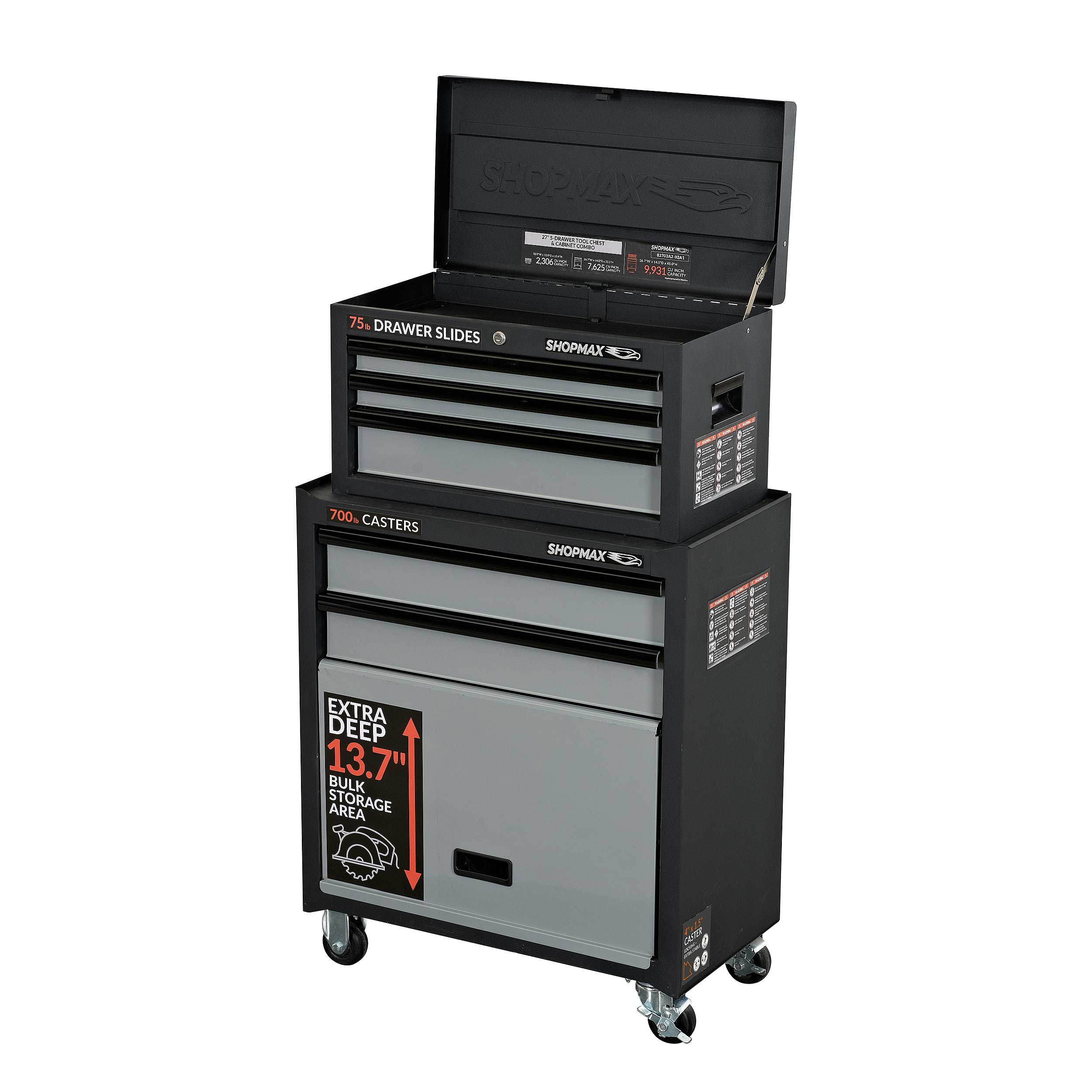 Combinación de caja de herramientas de acero con 5 cojinetes de bolas de 26.71 pulgadas de ancho x 55.42 pulgadas de alto (negro) 82703A2-02A1 de SHOPMAX