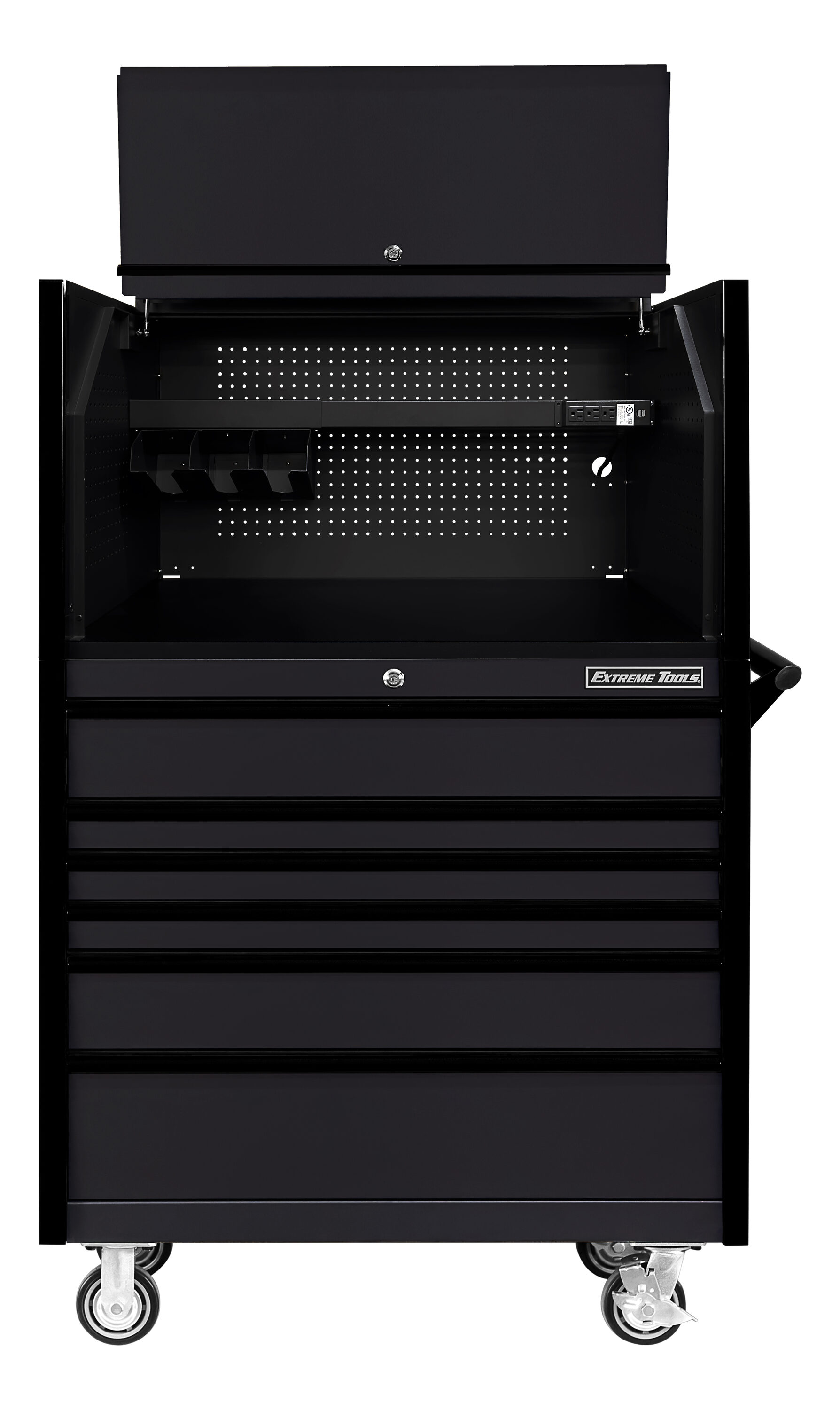 Combinación de gaveta para herramientas de acero con 6 rodamientos de bolas, color negro, de la serie DX de Extreme Tools de 41 pulgadas de ancho por 64 pulgadas de alto DX4107HRMK