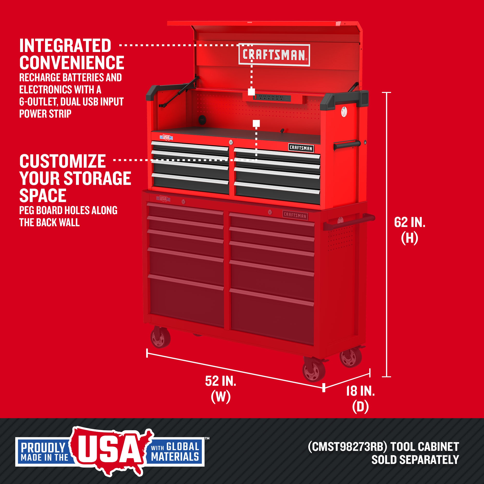 Gabinete de herramientas de acero de 8 cajones Craftsman Serie 2000, 51.5 pulgadas de ancho, 24.7 pulgadas de alto y 16 pulgadas de profundidad (rojo y negro) CMST98272RB
