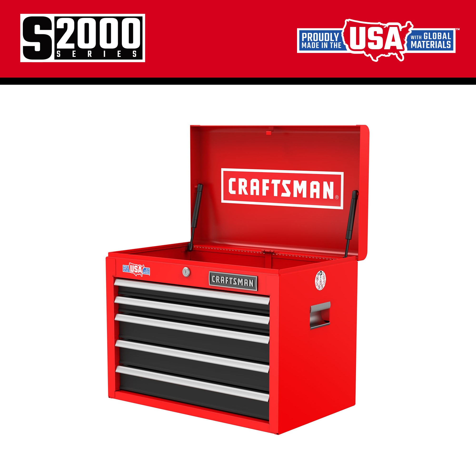 Gabinete de herramientas de acero con 5 cajones de la serie 2000 de CRAFTSMAN (rojo y negro) - 26 pulgadas de ancho x 19.75 pulgadas de alto x 16 pulgadas de profundidad (CMST98263RB)
