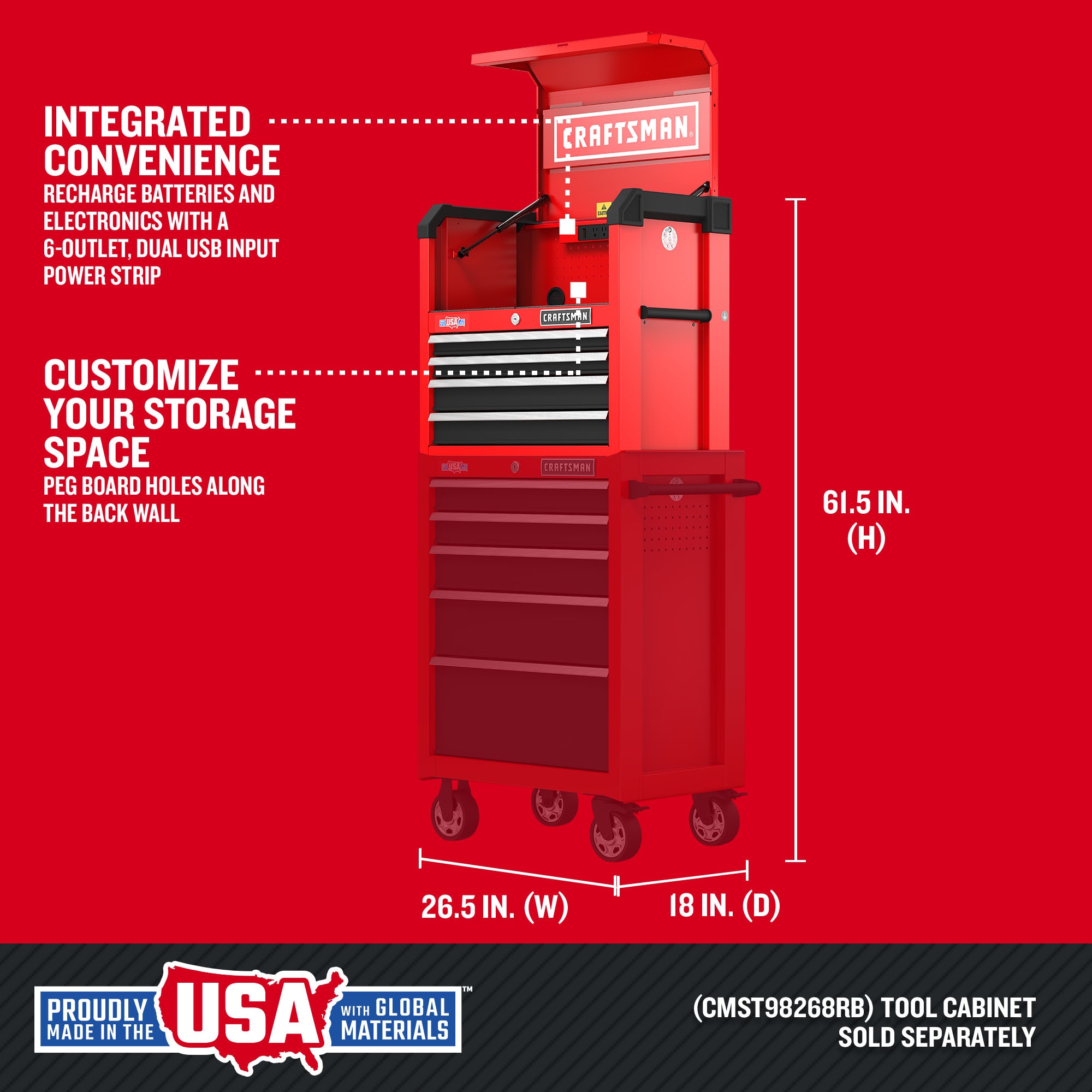 Gabinete de herramientas de acero CRAFTSMAN Serie 2000 de 26 pulgadas de ancho x 24.7 pulgadas de alto x 16 pulgadas de profundidad con 4 cajones (rojo y negro) CMST98267RB