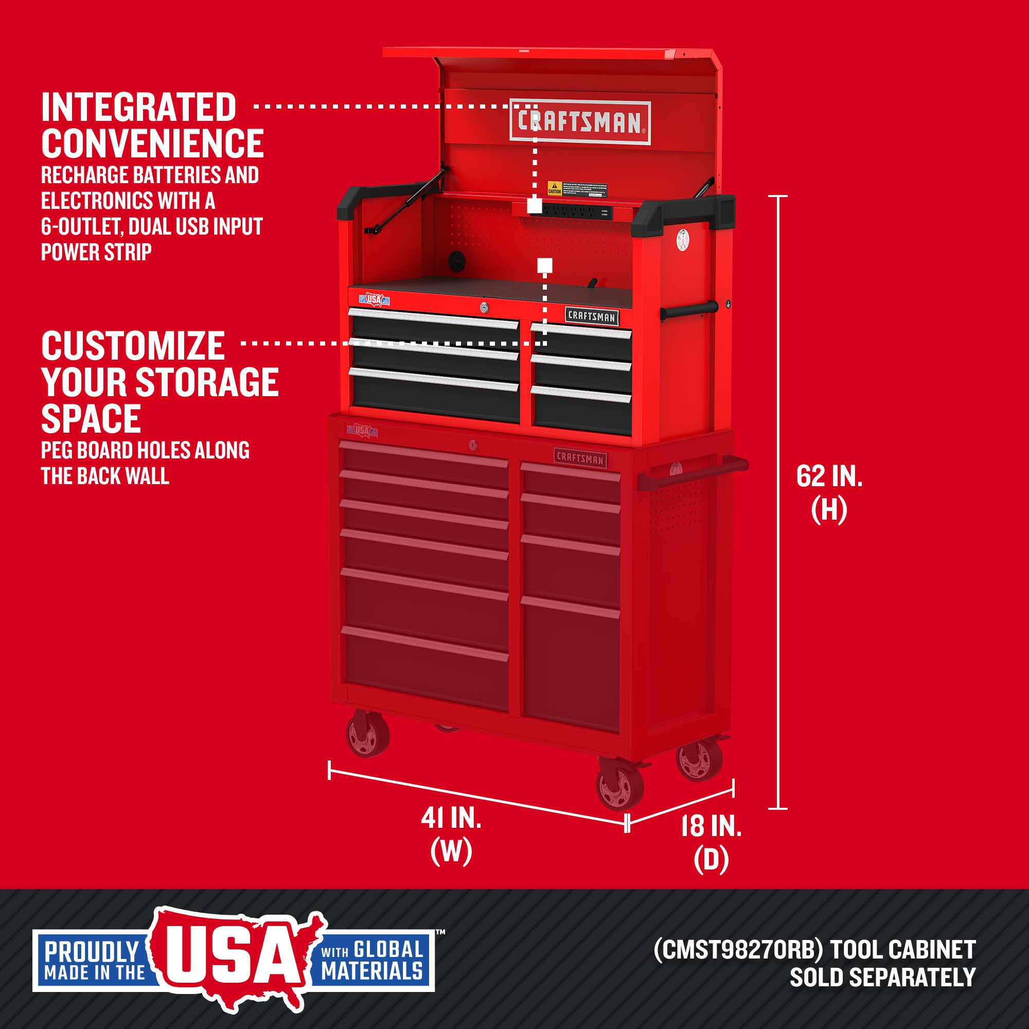 Gabinete para Herramientas de Acero CRAFTSMAN Serie 2000 de 6 Cajones, 41 pulgadas de ancho x 24.7 pulgadas de alto x 16 pulgadas de profundidad (Rojo y Negro) CMST98269RB