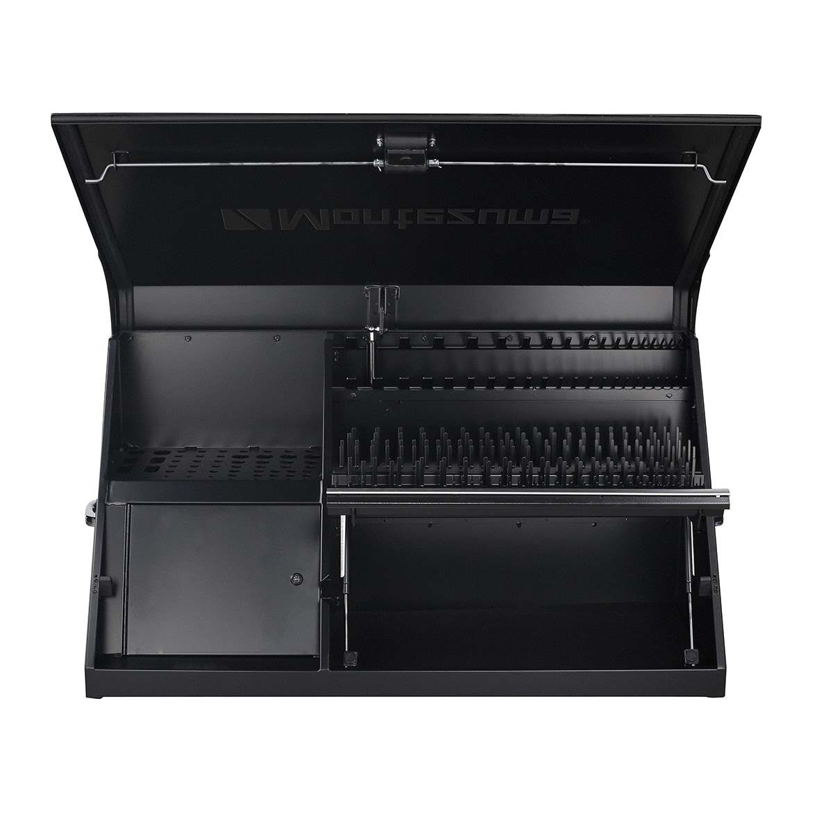 Caja de herramientas de acero Montezuma Triangle de 41.75 pulgadas de ancho x 21.625 pulgadas de alto x 18 pulgadas de profundidad (Negro) DX411B