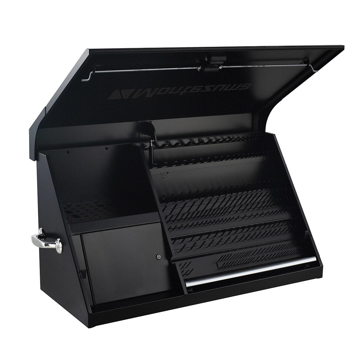 Caja de herramientas de acero Montezuma Triangle de 41.75 pulgadas de ancho x 21.625 pulgadas de alto x 18 pulgadas de profundidad (Negro) DX411B